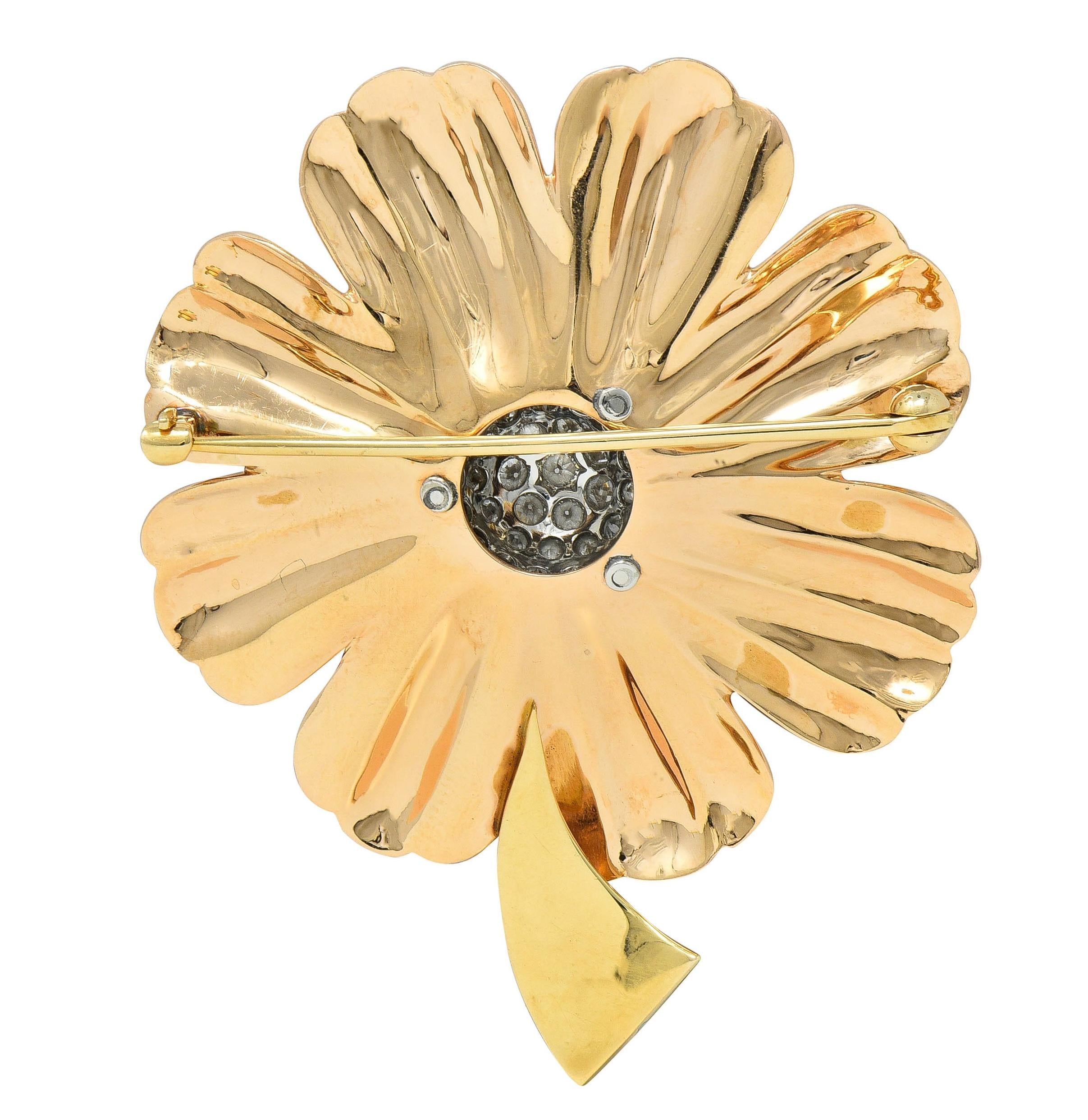 Retro 1.46 CTW Diamond 14 Karat Tri-Gold Vintage Daisy Flower Brooch