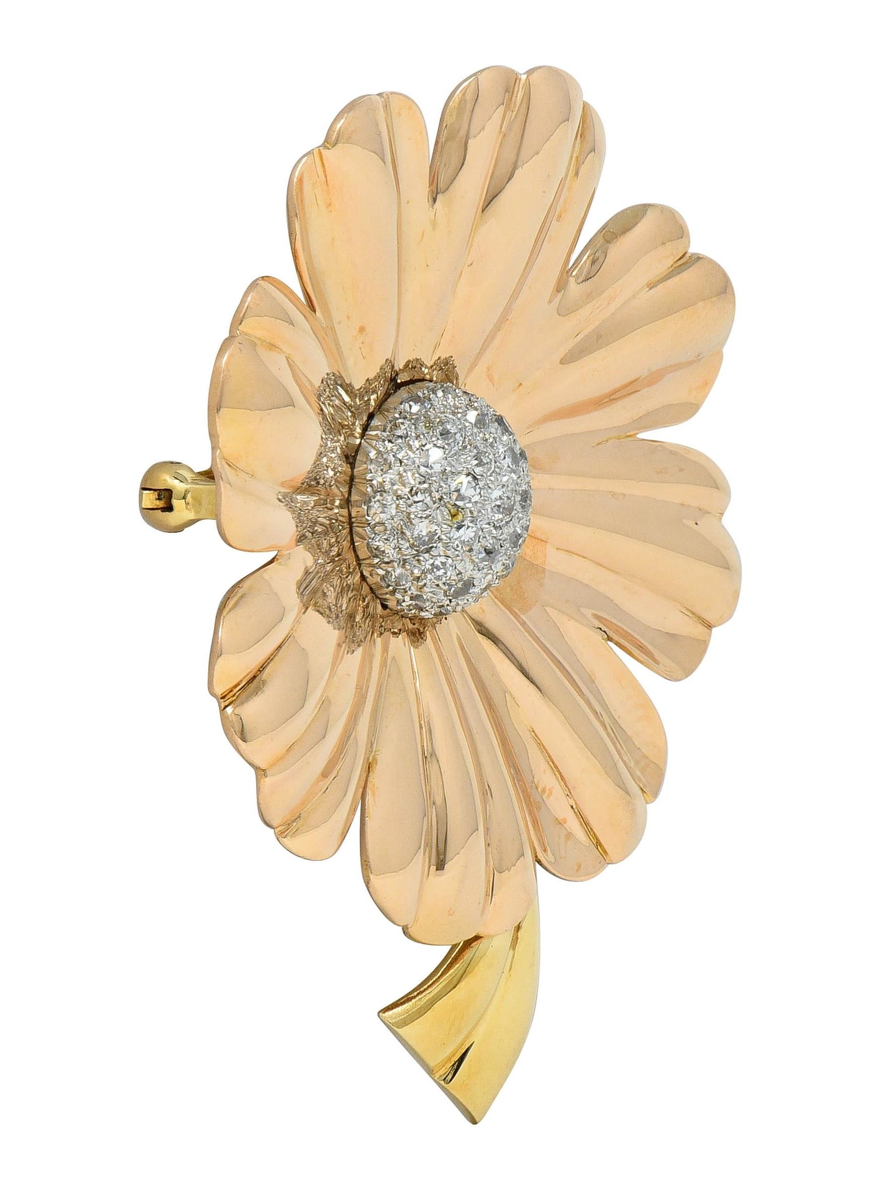 Retro 1.46 CTW Diamond 14 Karat Tri-Gold Vintage Daisy Flower Brooch