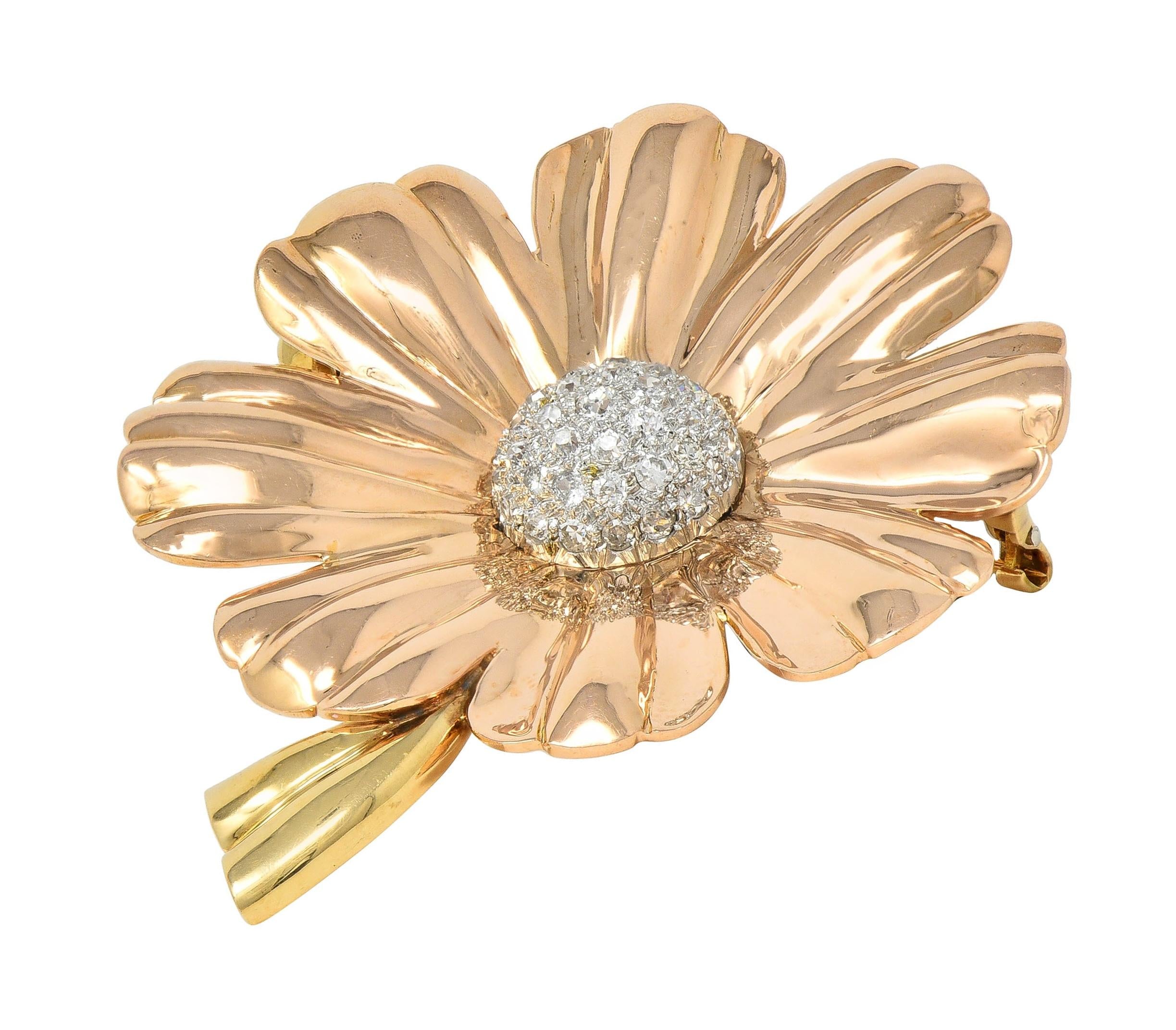 Retro 1.46 CTW Diamond 14 Karat Tri-Gold Vintage Daisy Flower Brooch