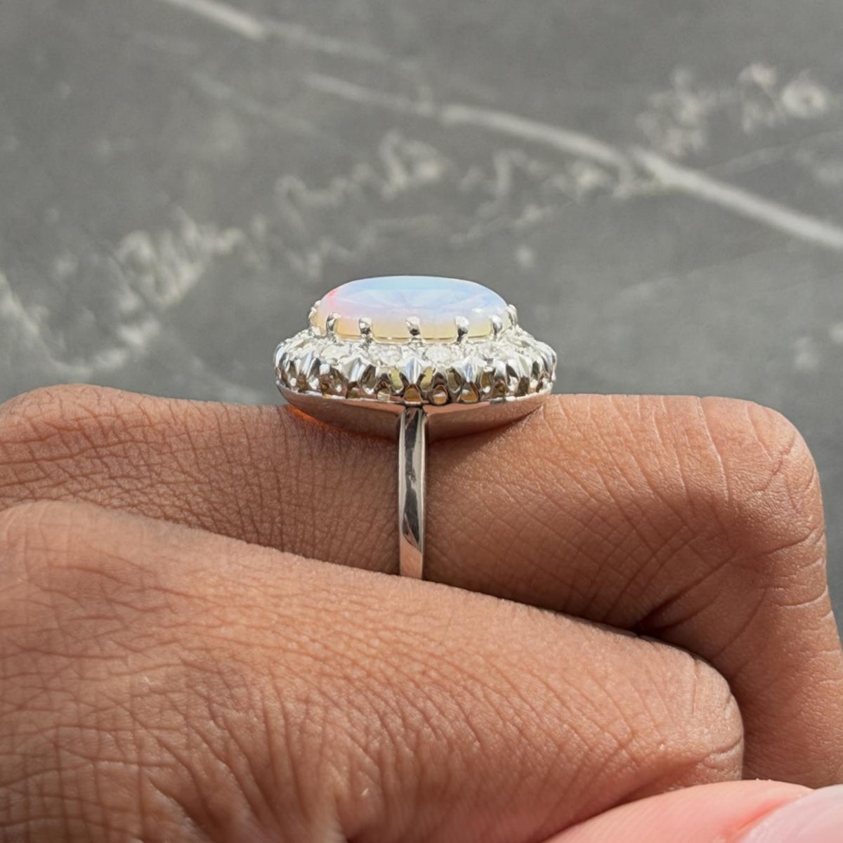 Mid-Century Jelly Opal Diamond 14 Karat White Gold Vintage Halo Ring