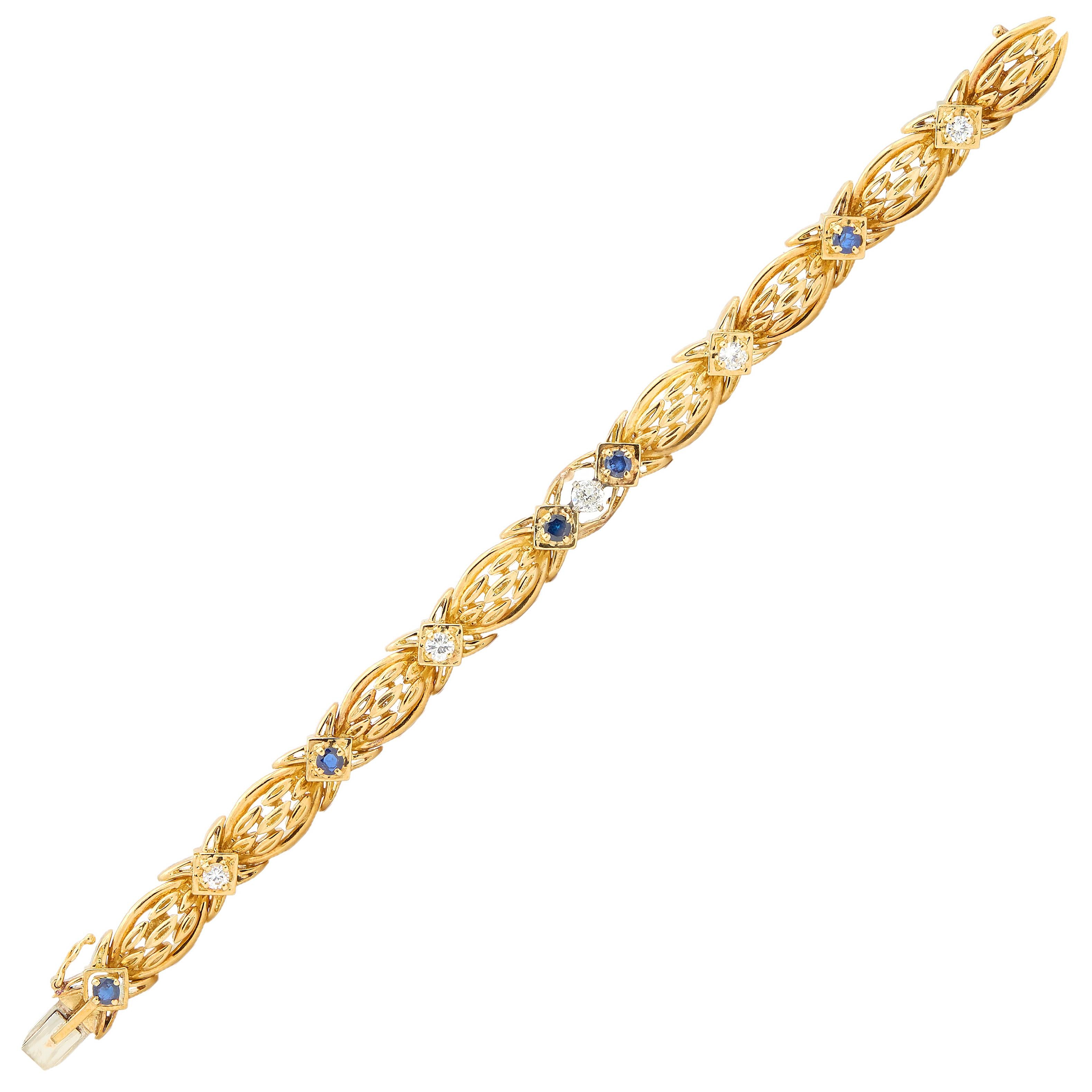Tiffany & Co. 1990's 1.04 CTW Sapphire Diamond 18K Gold Vintage Wheat Bracelet