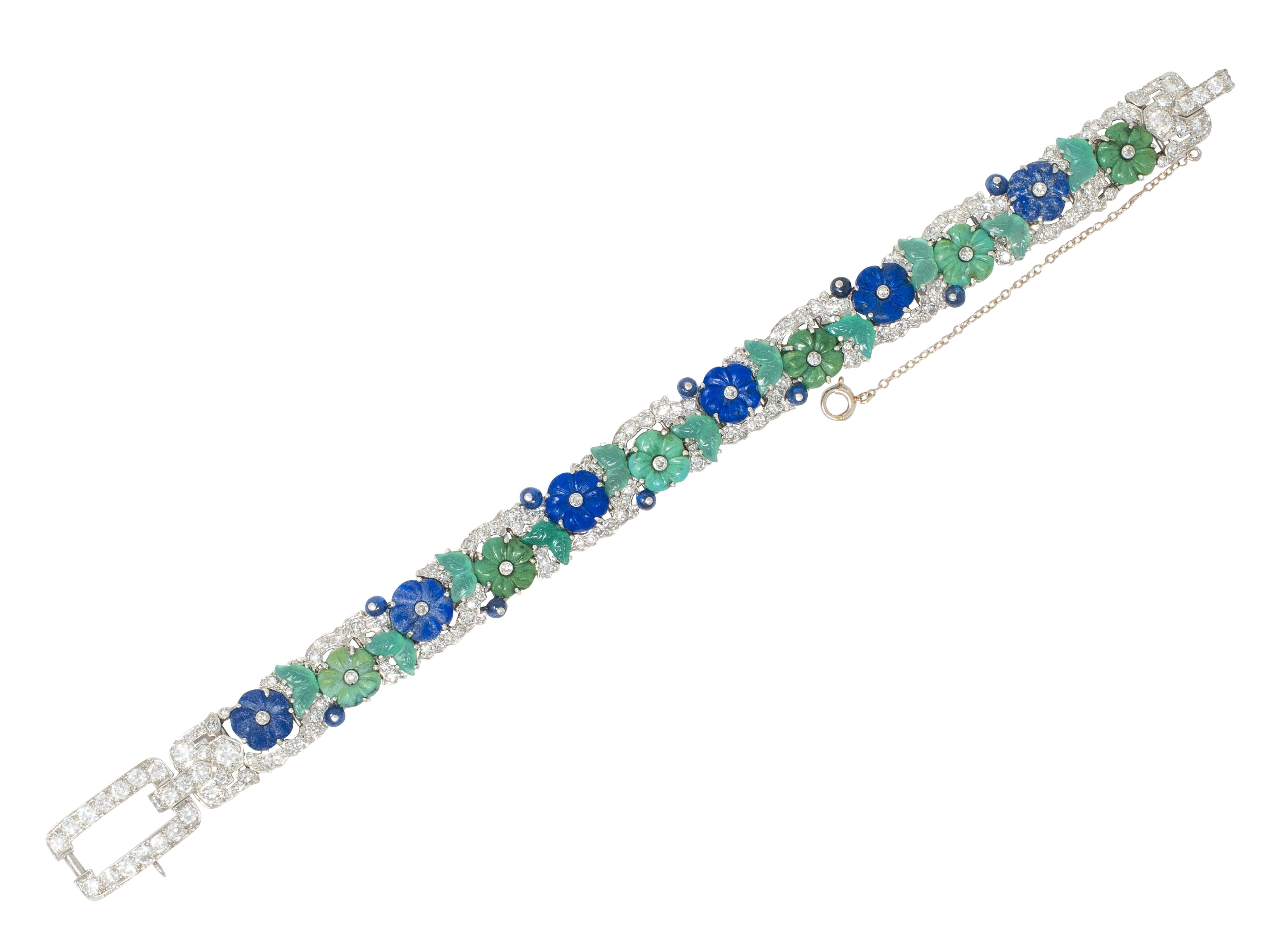 Art Deco Diamond Multi-Gem Turquoise Platinum Vintage Floral Buckle Bracelet
