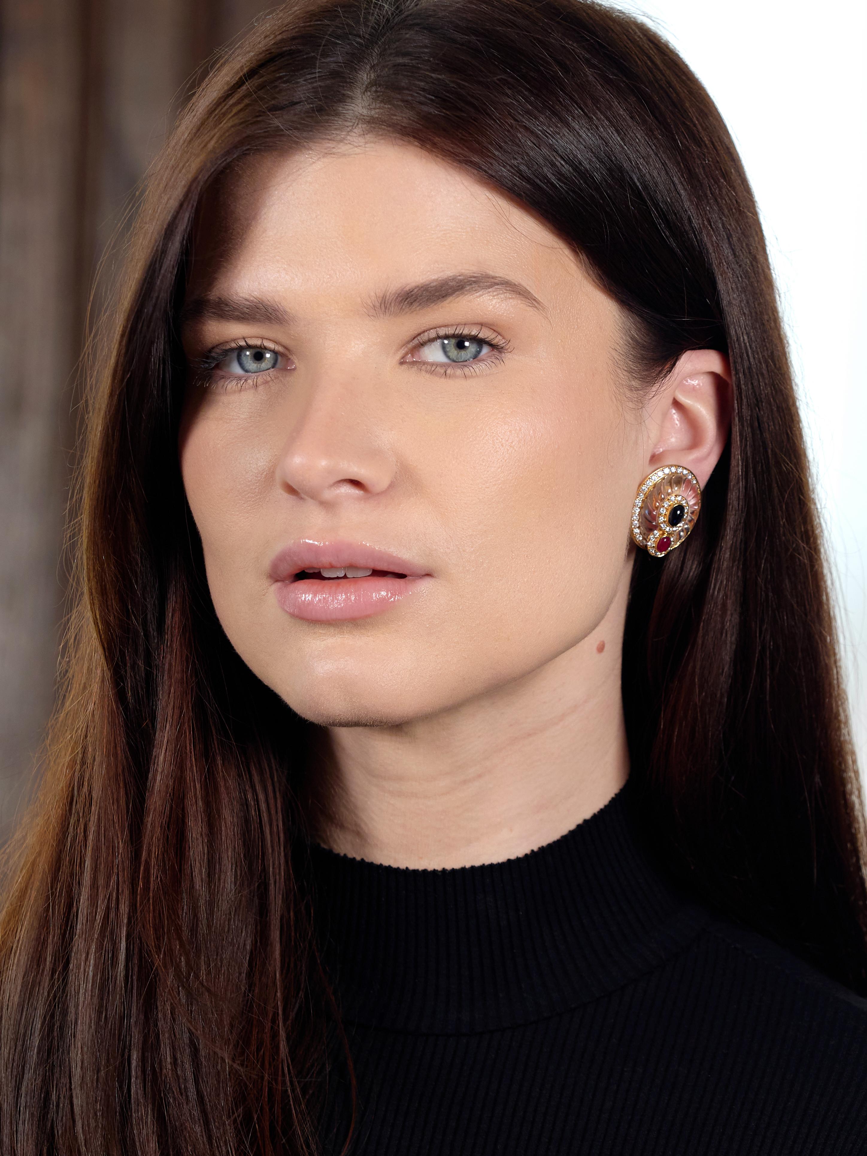 Boucheron French Rock Crystal 18K Gold Sapphire Ruby Diamond Vintage Earrings