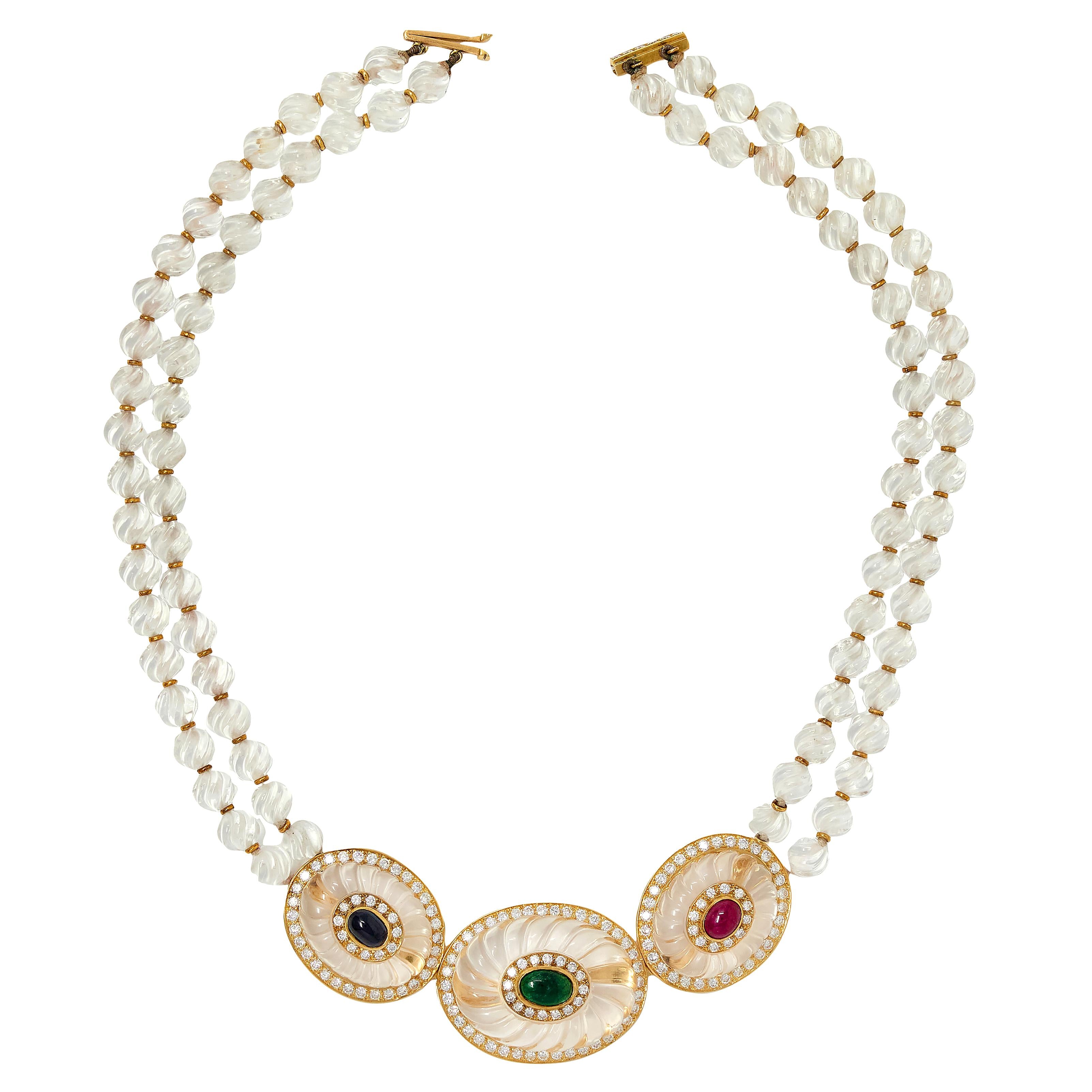 Boucheron French Rock Crystal 18K Gold Sapphire Ruby Diamond Collar Necklace