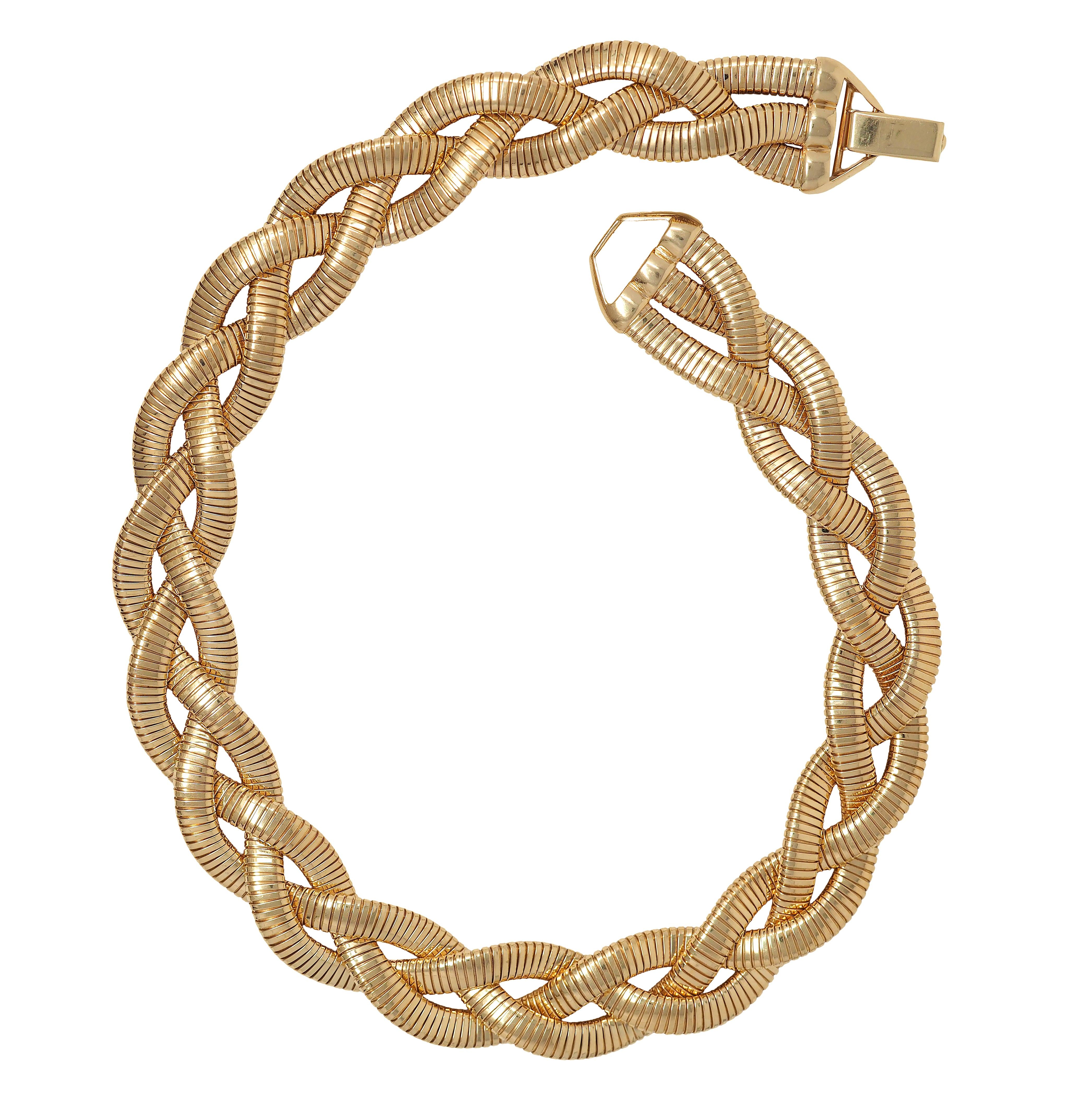 1970's 14 Karat Yellow Gold Vintage Braided Tubogas Collar Necklace