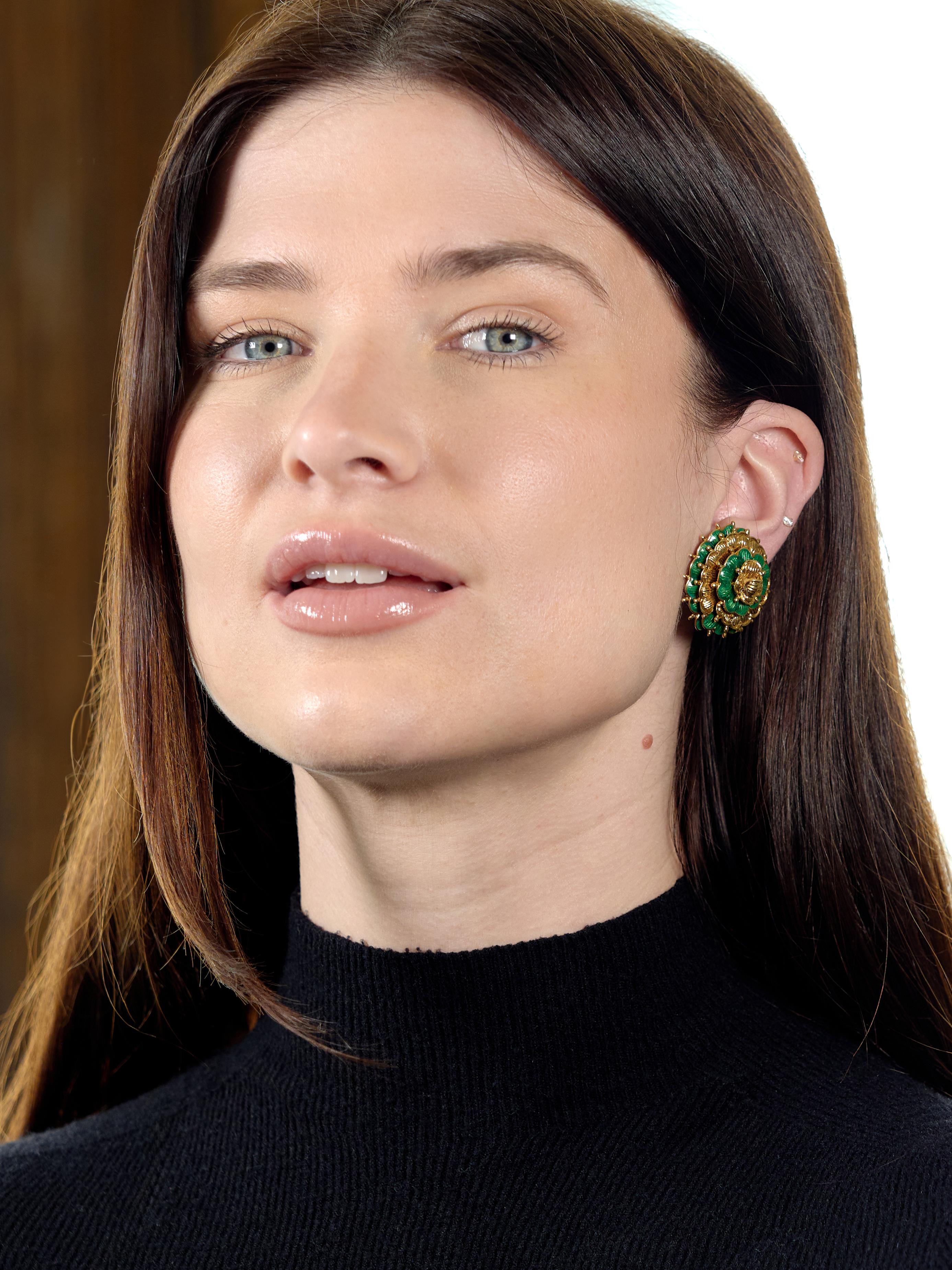 Tiffany & Co. 1960 Basse-Taille Enamel 18K Gold Vintage Flower Ear-Clip Earrings