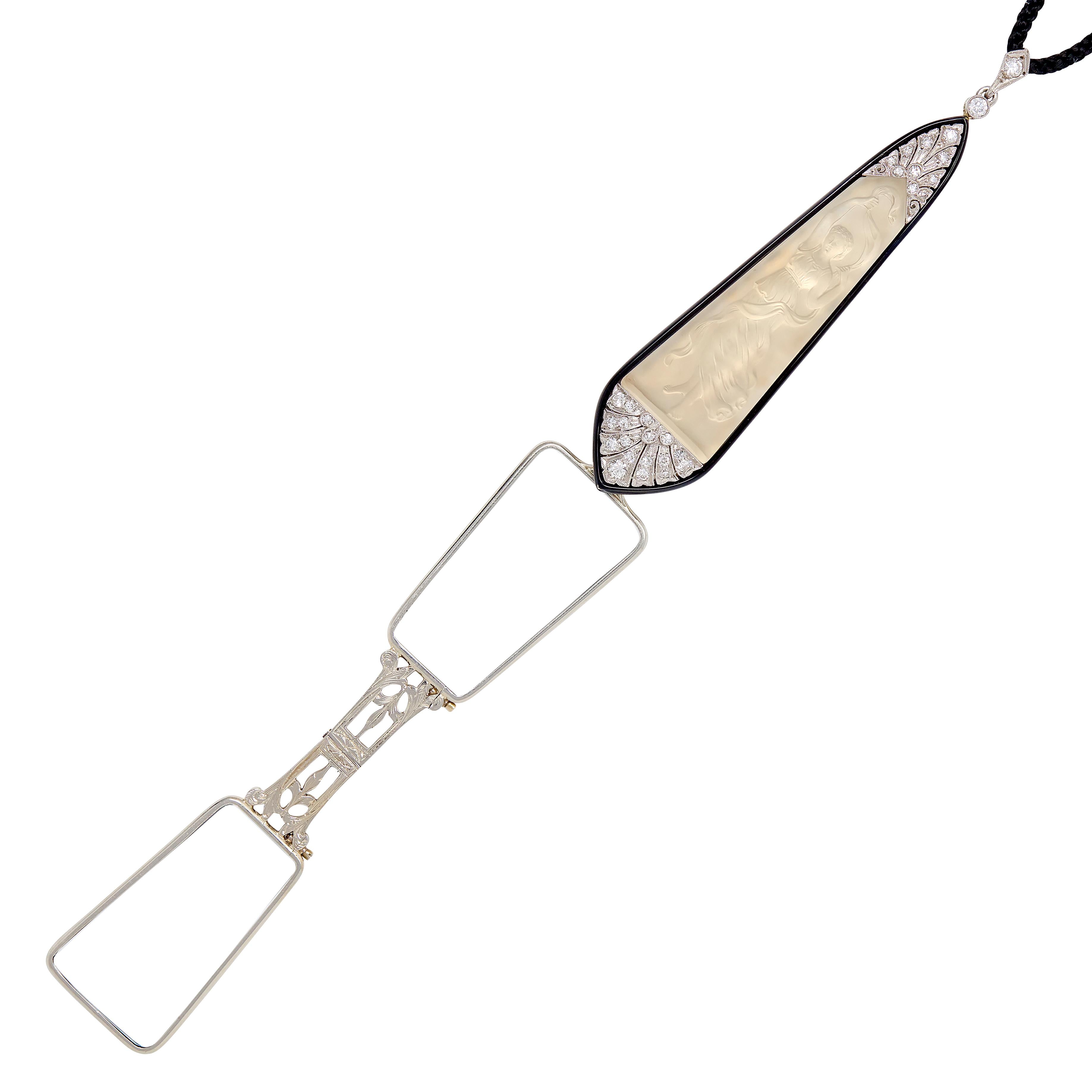 Art Deco Diamond Quartz Platinum 18K Gold Vintage Lorgnette Pendant Necklace