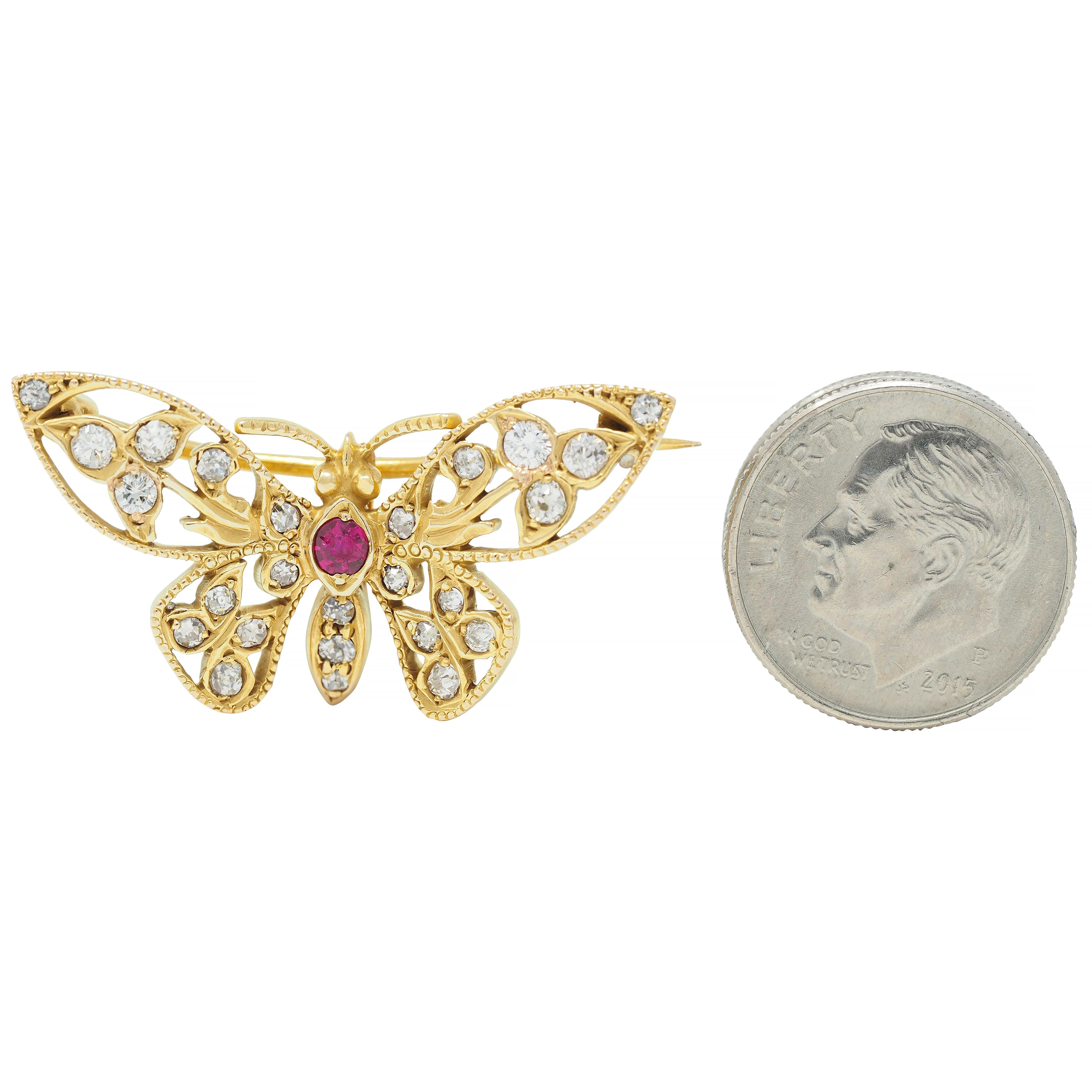 Art Nouveau Antique Ruby Diamond 14 Karat Yellow Gold Butterfly Brooch