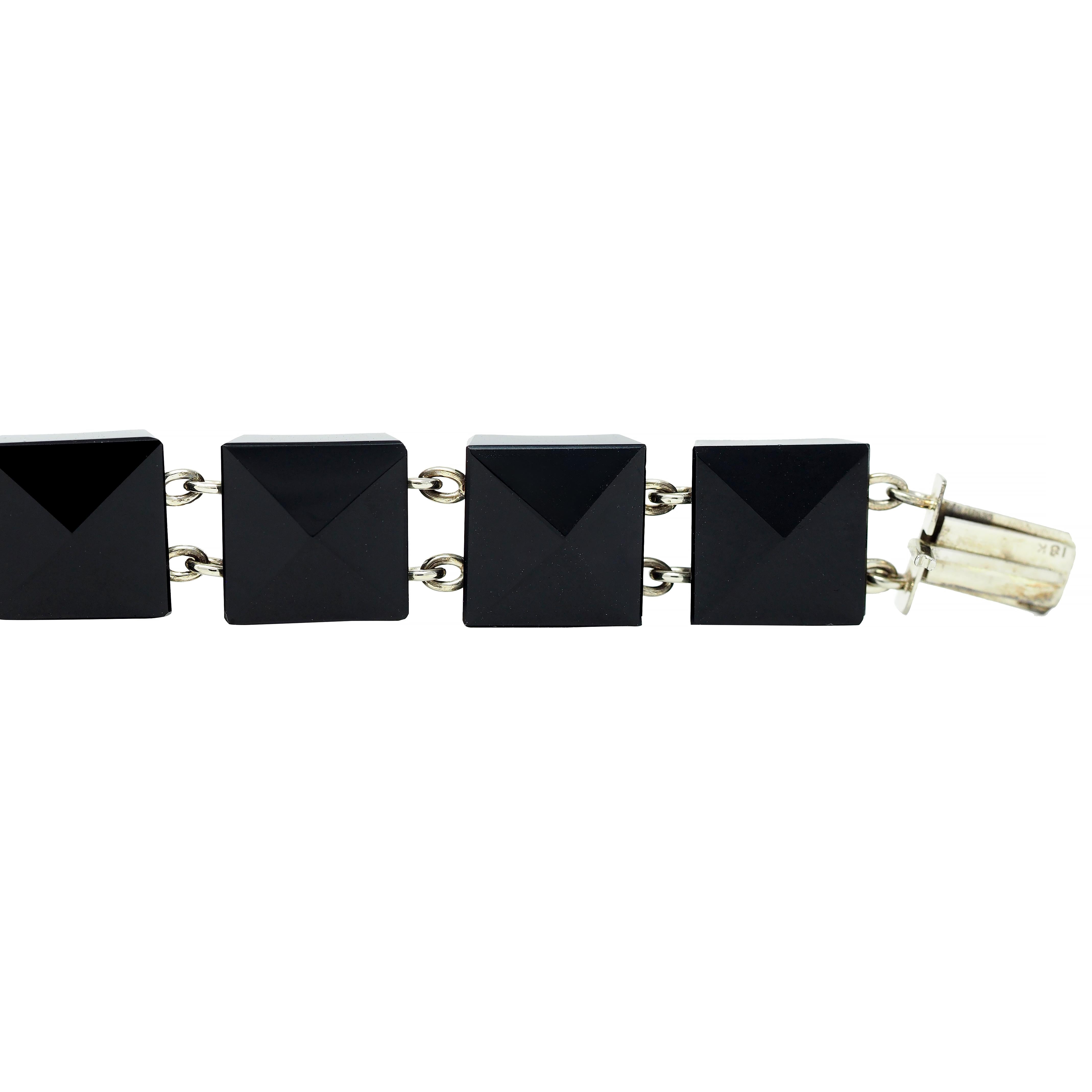 Early Art Deco Onyx 18 Karat White Gold Pyramid Link Antique Bracelet