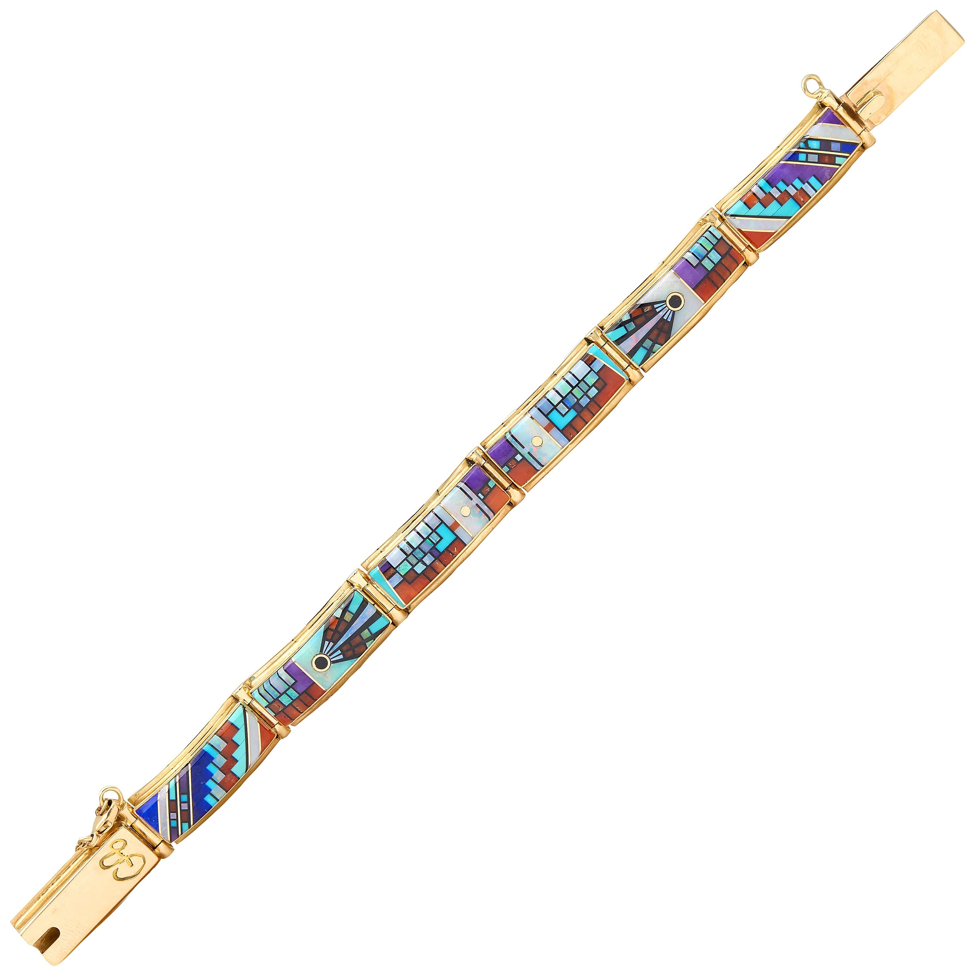 Gary Arviso 1970's Multi-Gem 14 Karat Gold Vintage Geometric Inlay Bracelet