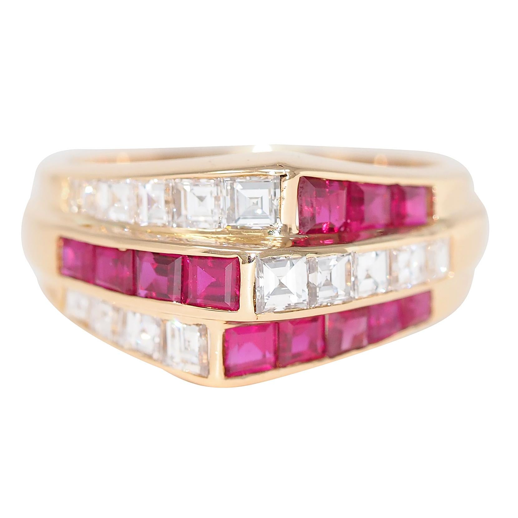 Oscar Heyman 1980's Ruby Diamond 18 Karat Yellow Gold Vintage Channel Band Ring