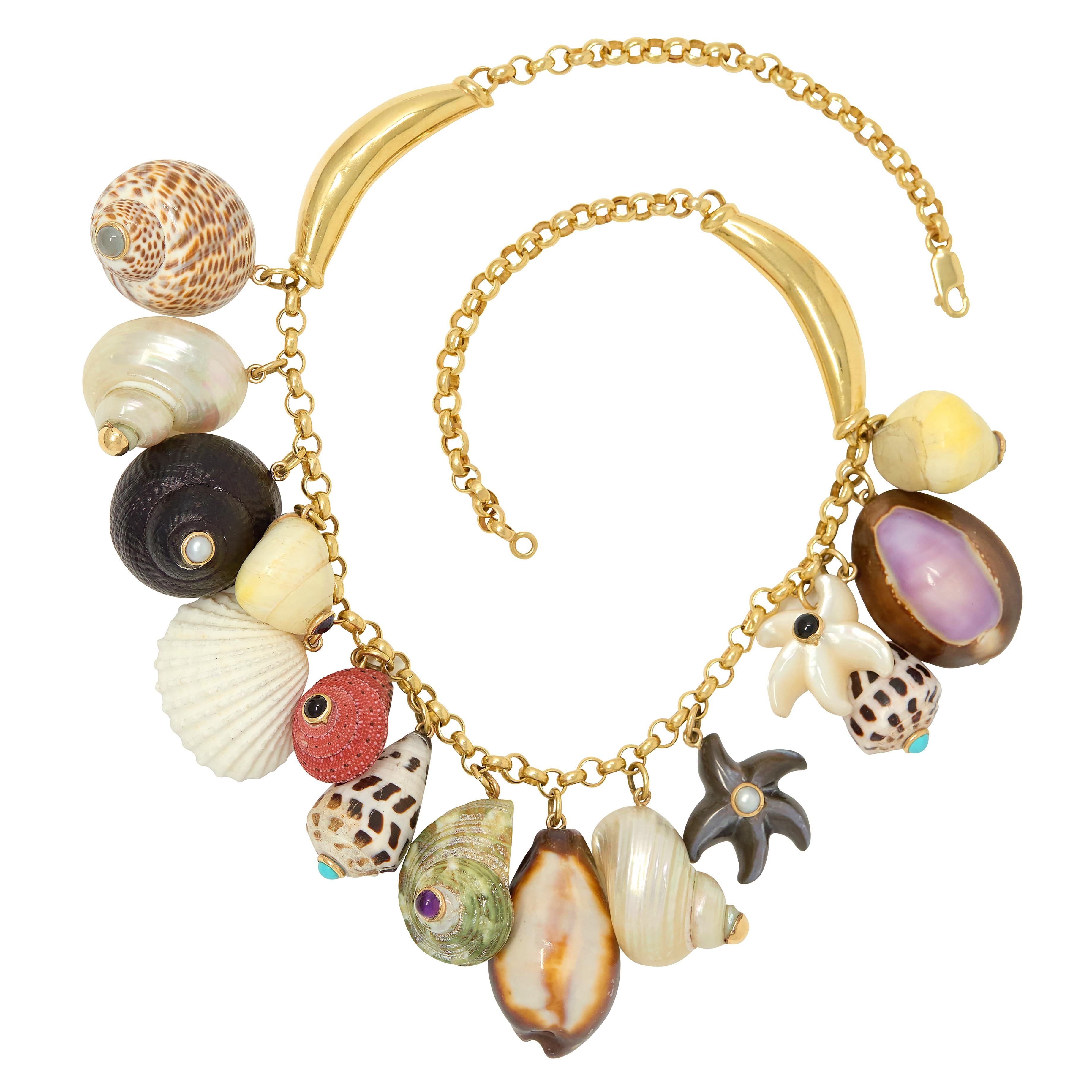 Maz Multi-Gem 14 Karat Yellow Gold Contemporary Seashell Fringe Necklace