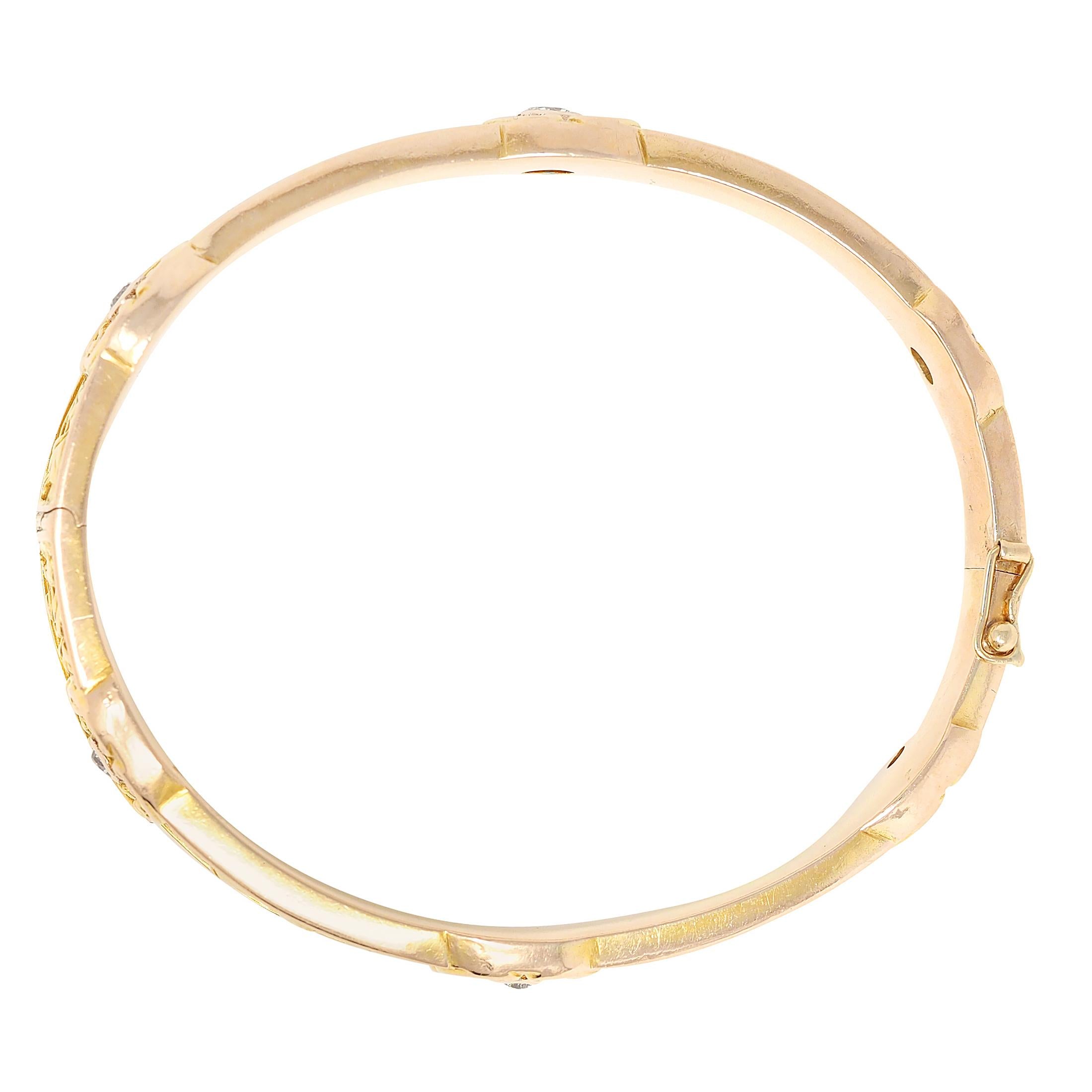 Art Nouveau Diamond 14 Karat Yellow Gold Antique Poppy Flower Bangle Bracelet