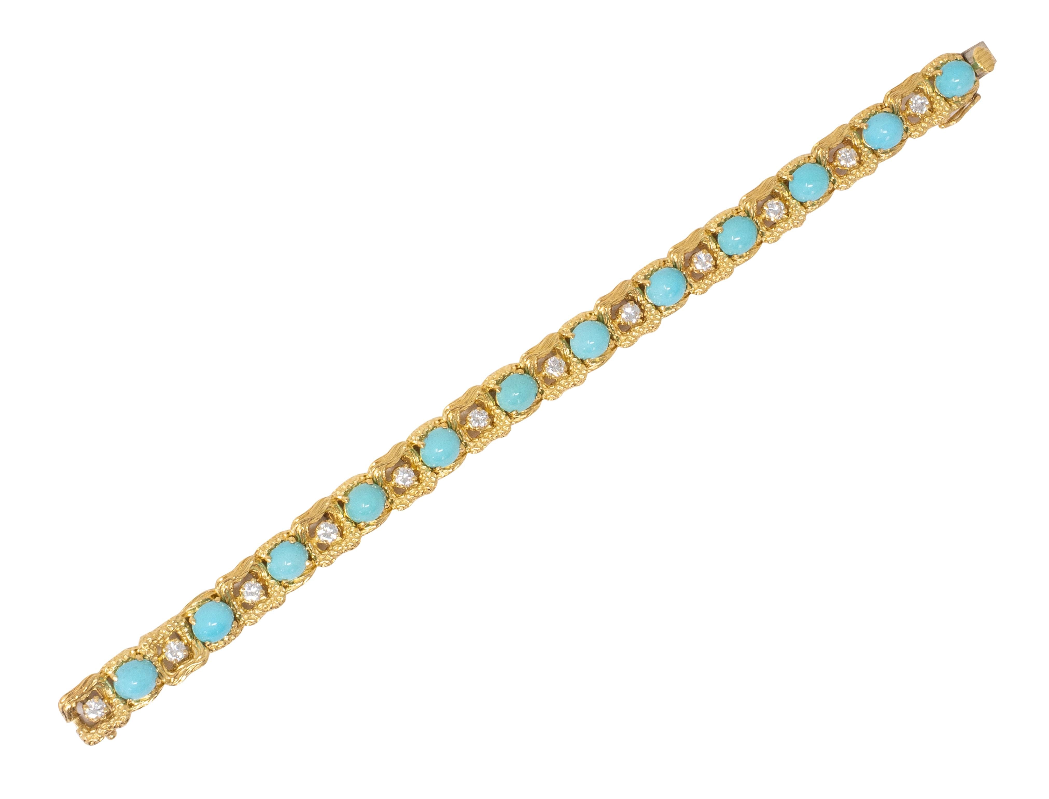 Vintage 1970's Diamond Turquoise 18 Karat Yellow Gold Link Bracelet