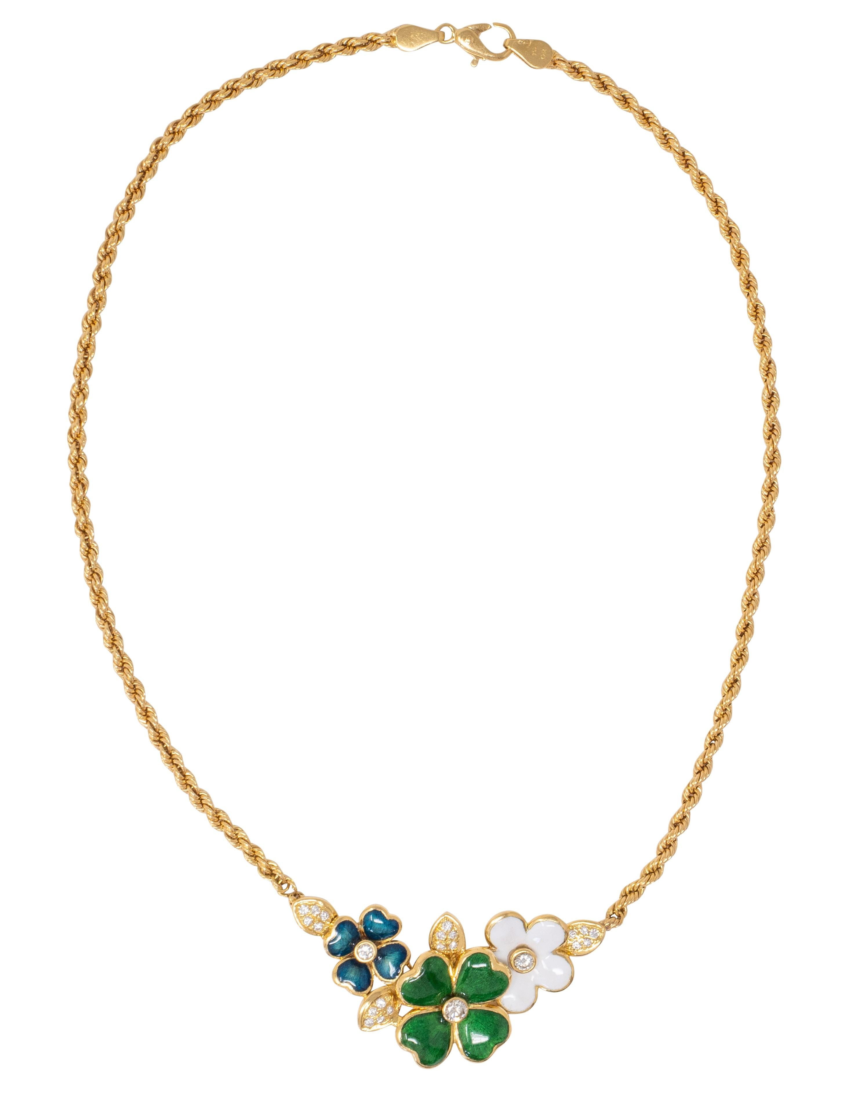 Boucheron Diamond Enamel 18 Karat Yellow Gold Vintage Floral Station Necklace