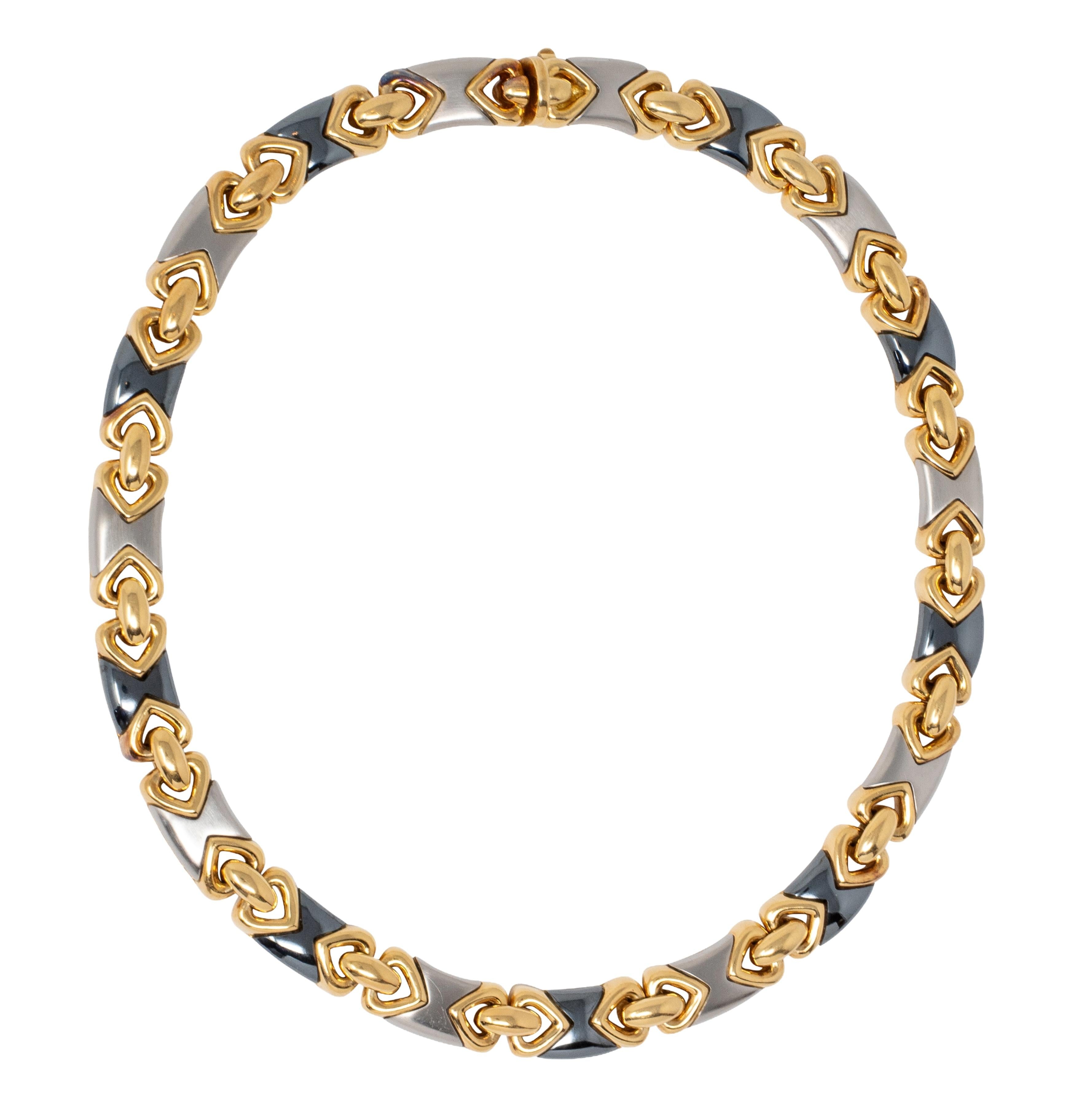 Bulgari 1980's 18 Karat Yellow Gold Hematite Steel Vintage Doppio Cuore Necklace