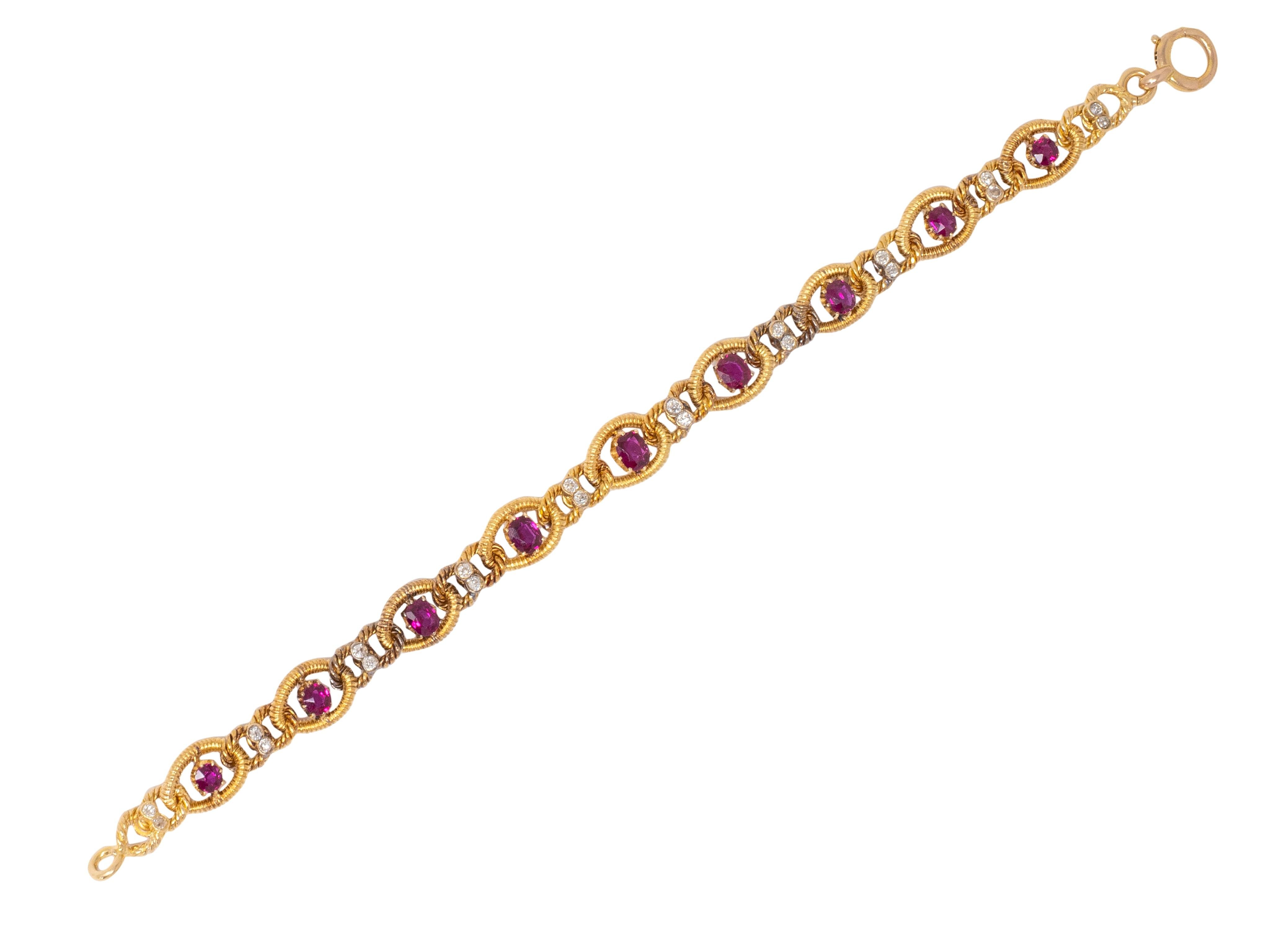 Victorian Diamond Ruby 18 Karat Yellow Gold Antique Twisted Rope Bracelet