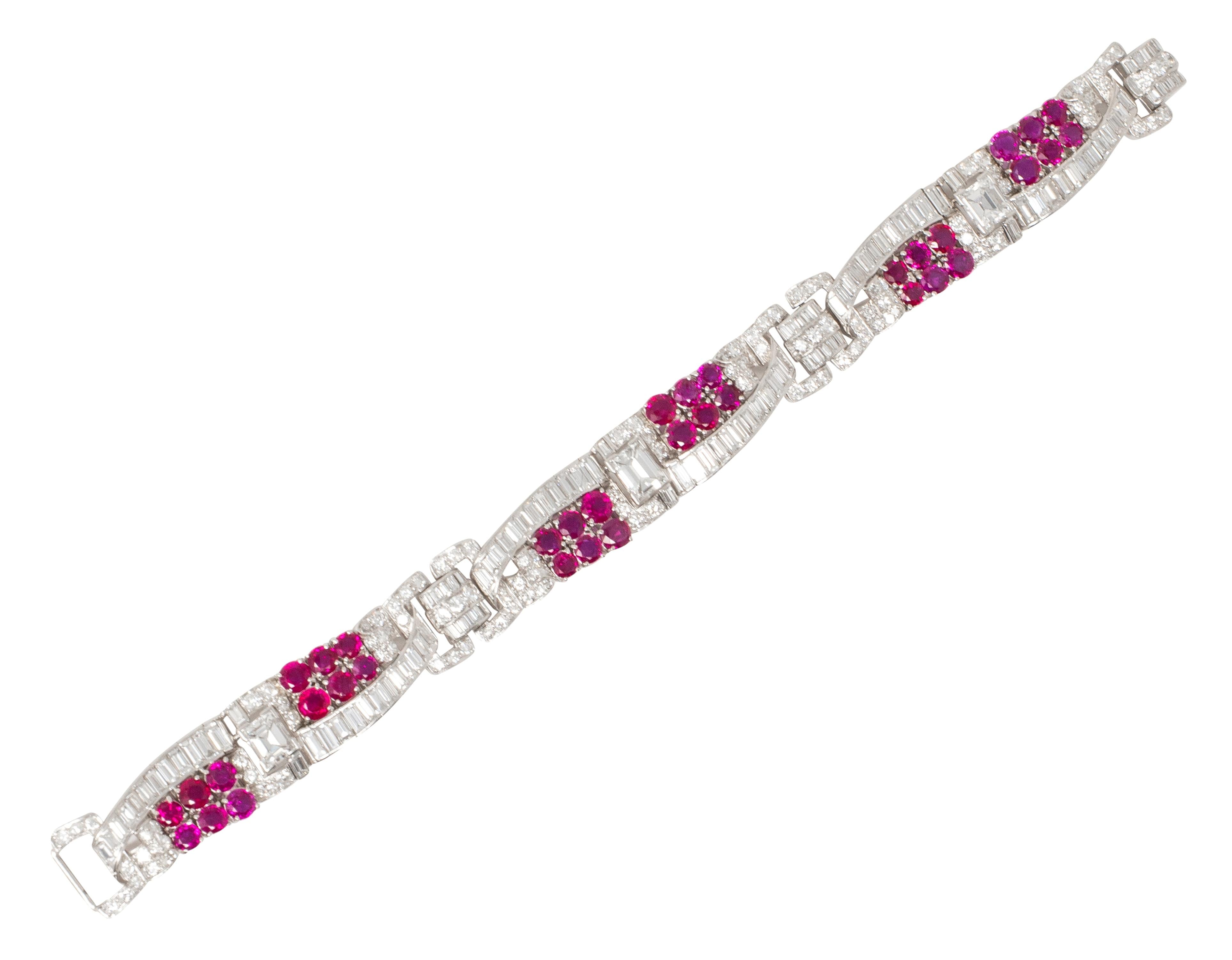 Trabert & Hoeffer Mauboussin 1950s Diamond Ruby Platinum Vintage Ribbon Bracelet