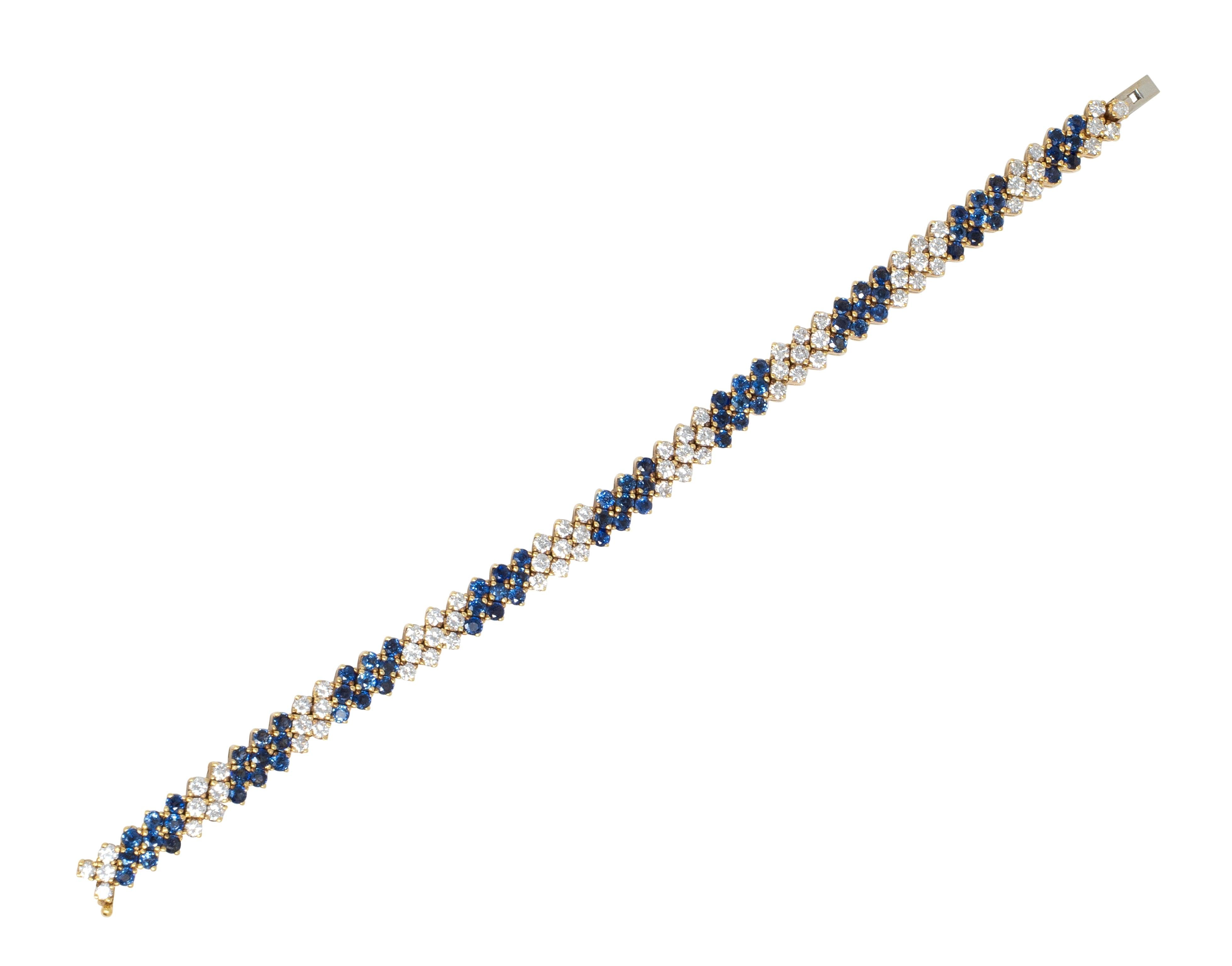 2000's 7.80 CTW Sapphire Diamond 18 Karat Yellow Gold Line Bracelet