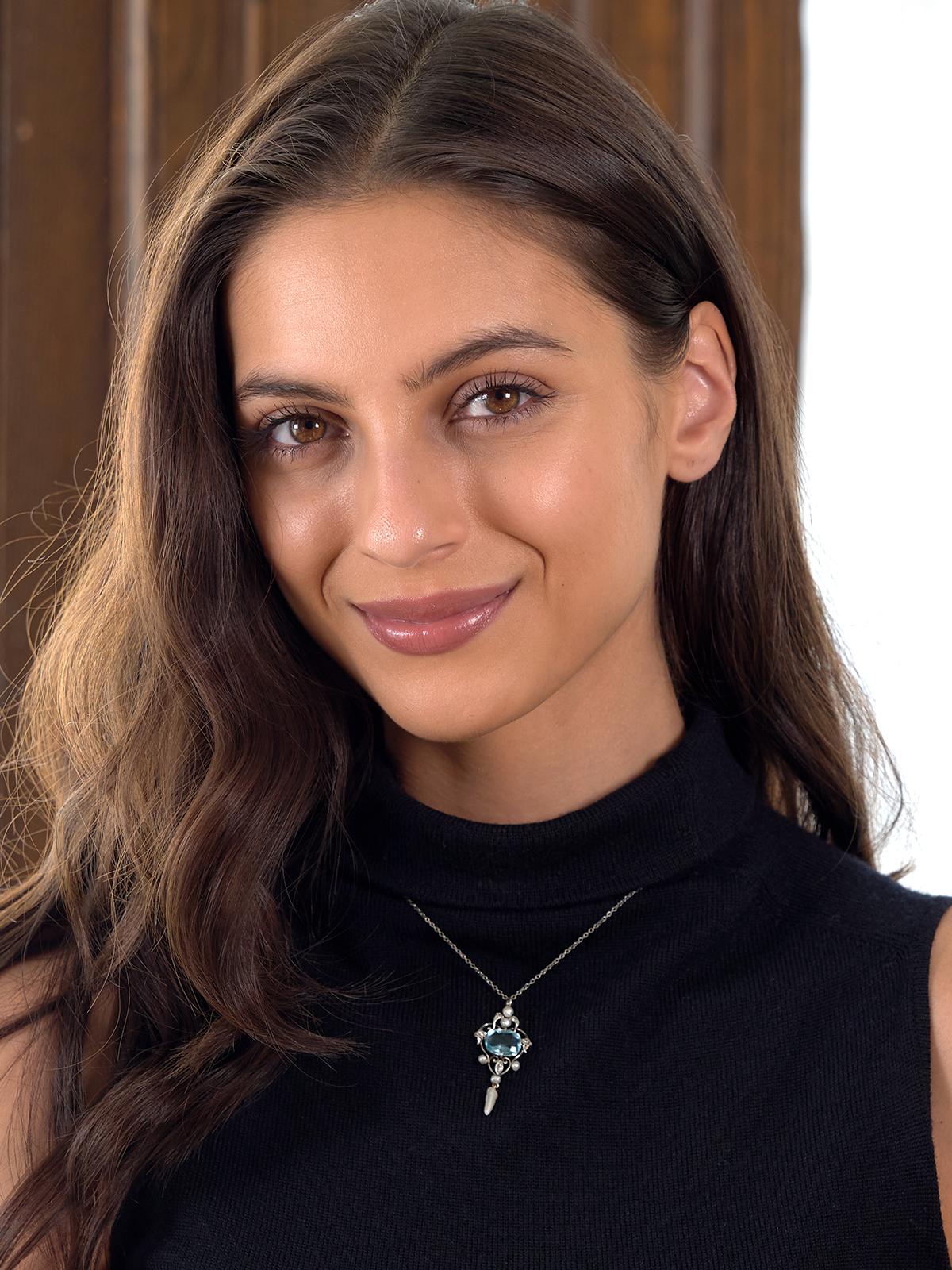 Art Nouveau Aquamarine Diamond Pearl 14K Gold Platinum Antique Heart Necklace