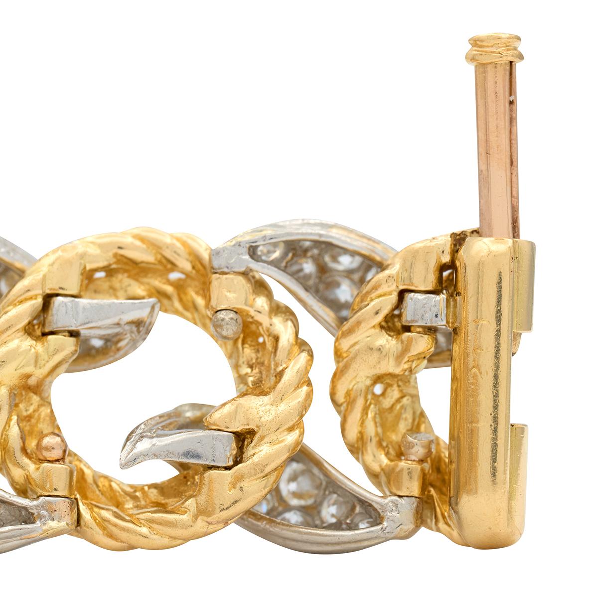 Mauboussin Paris 1950's Diamond 18K Gold Platinum Vintage Twist Link Bracelet