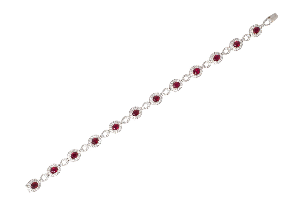 2010's 5.33 CTW Ruby Diamond 18 Karat White Gold Contemporary Halo Line Bracelet