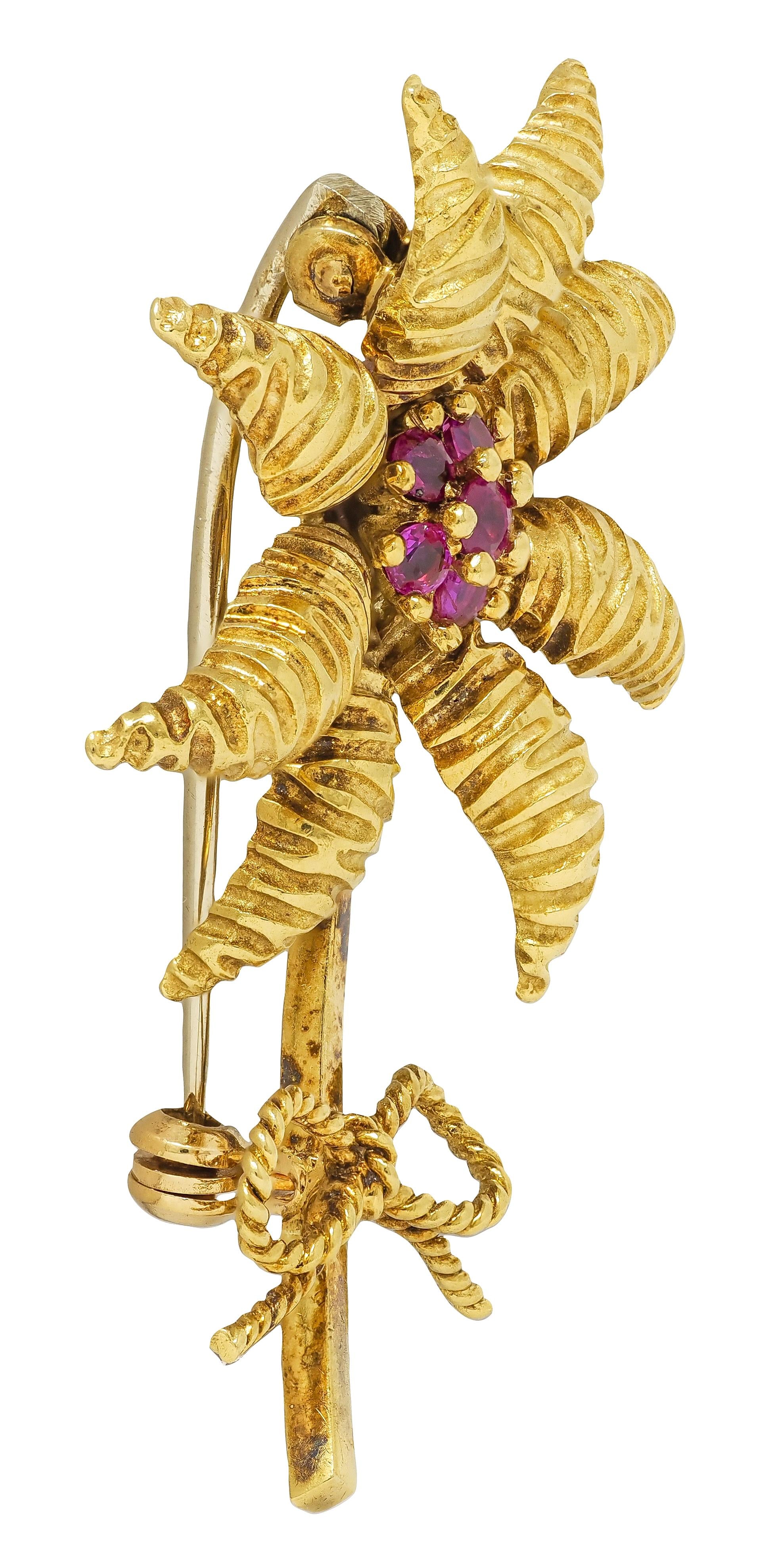 Tiffany & Co. 1970's 0.86 CTW Ruby 18 Karat Yellow Gold Vintage Flower Brooch