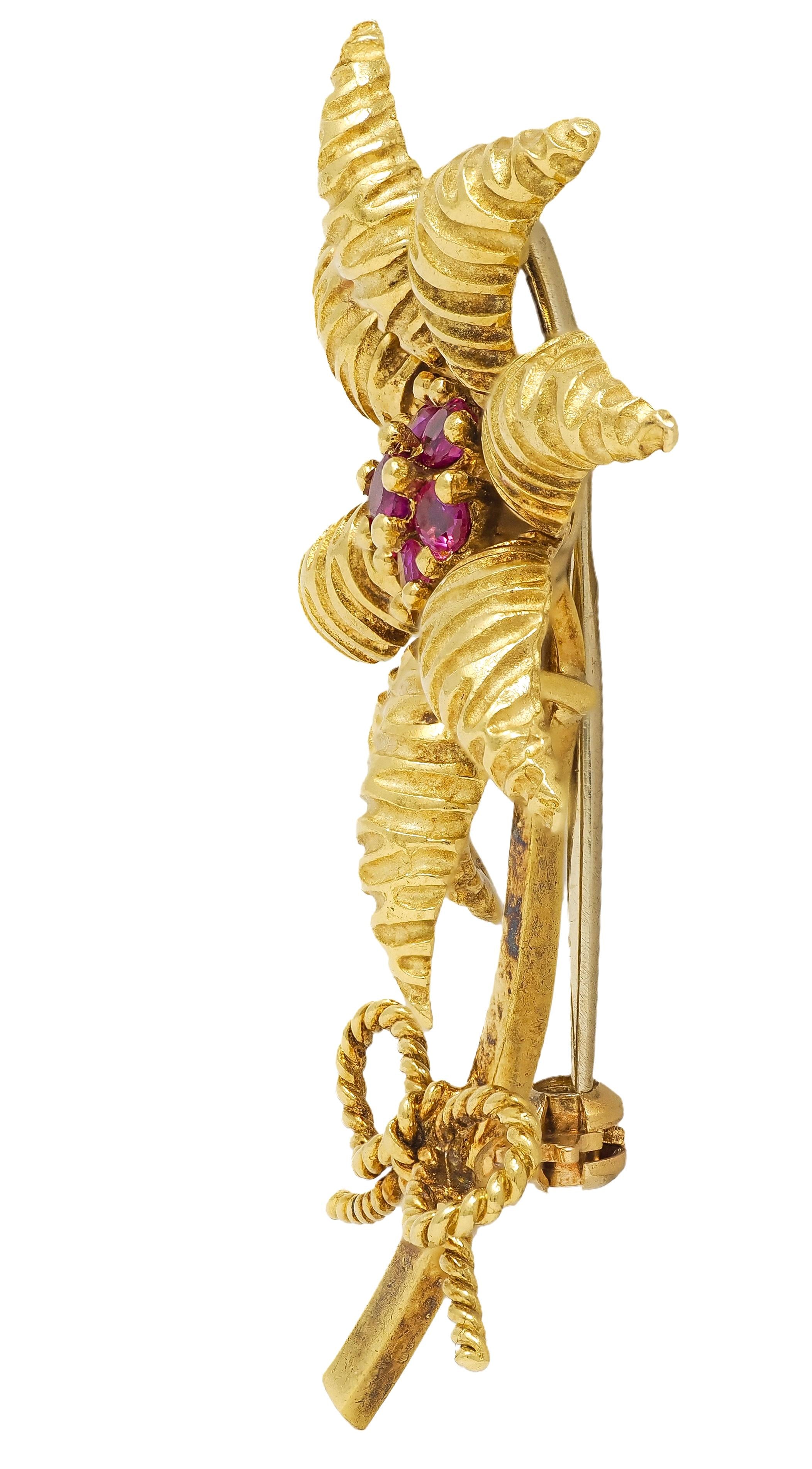 Tiffany & Co. 1970's 0.86 CTW Ruby 18 Karat Yellow Gold Vintage Flower Brooch