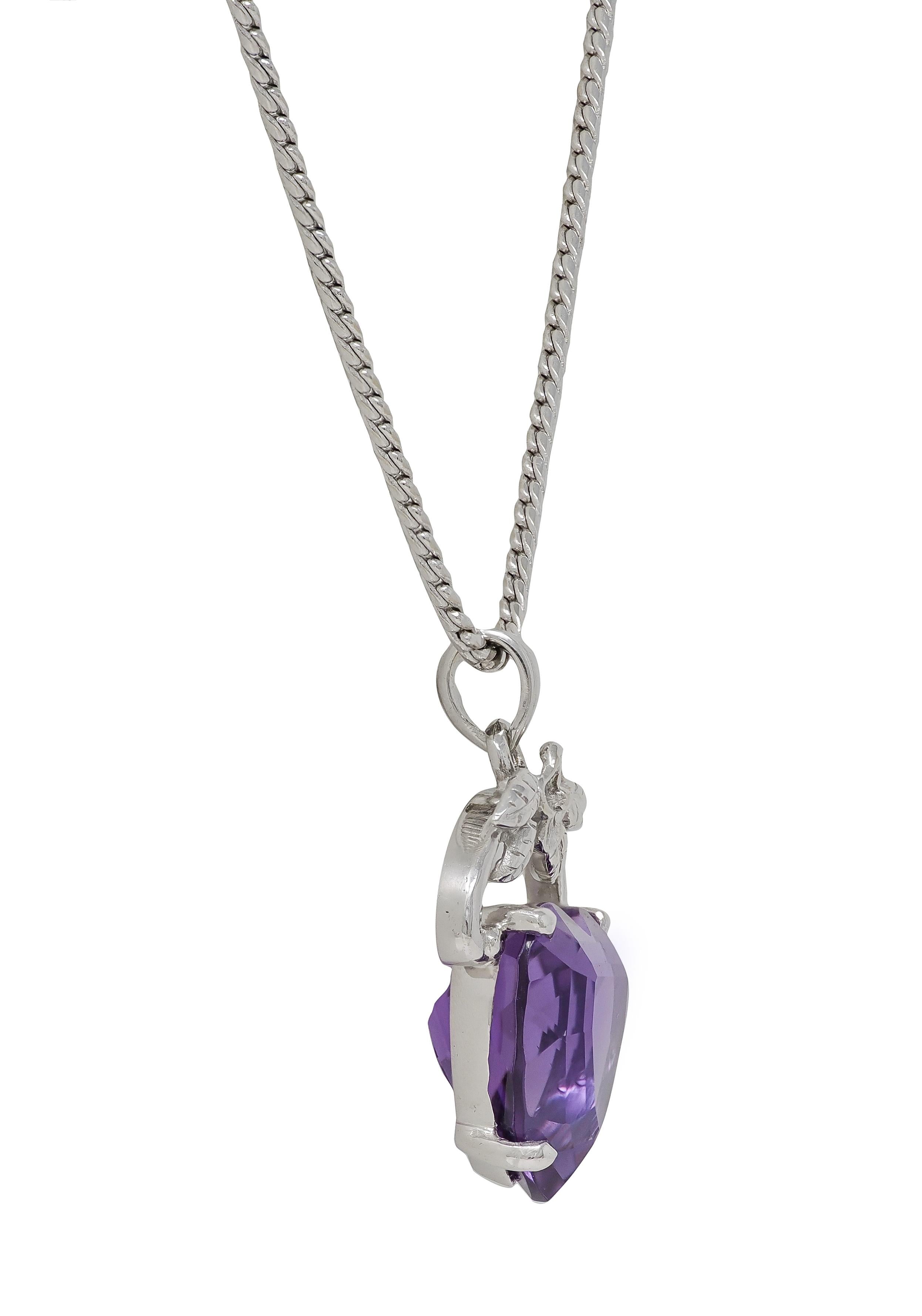 1950's Amethyst 14 Karat White Gold Vintage Floral Heart Pendant Necklace