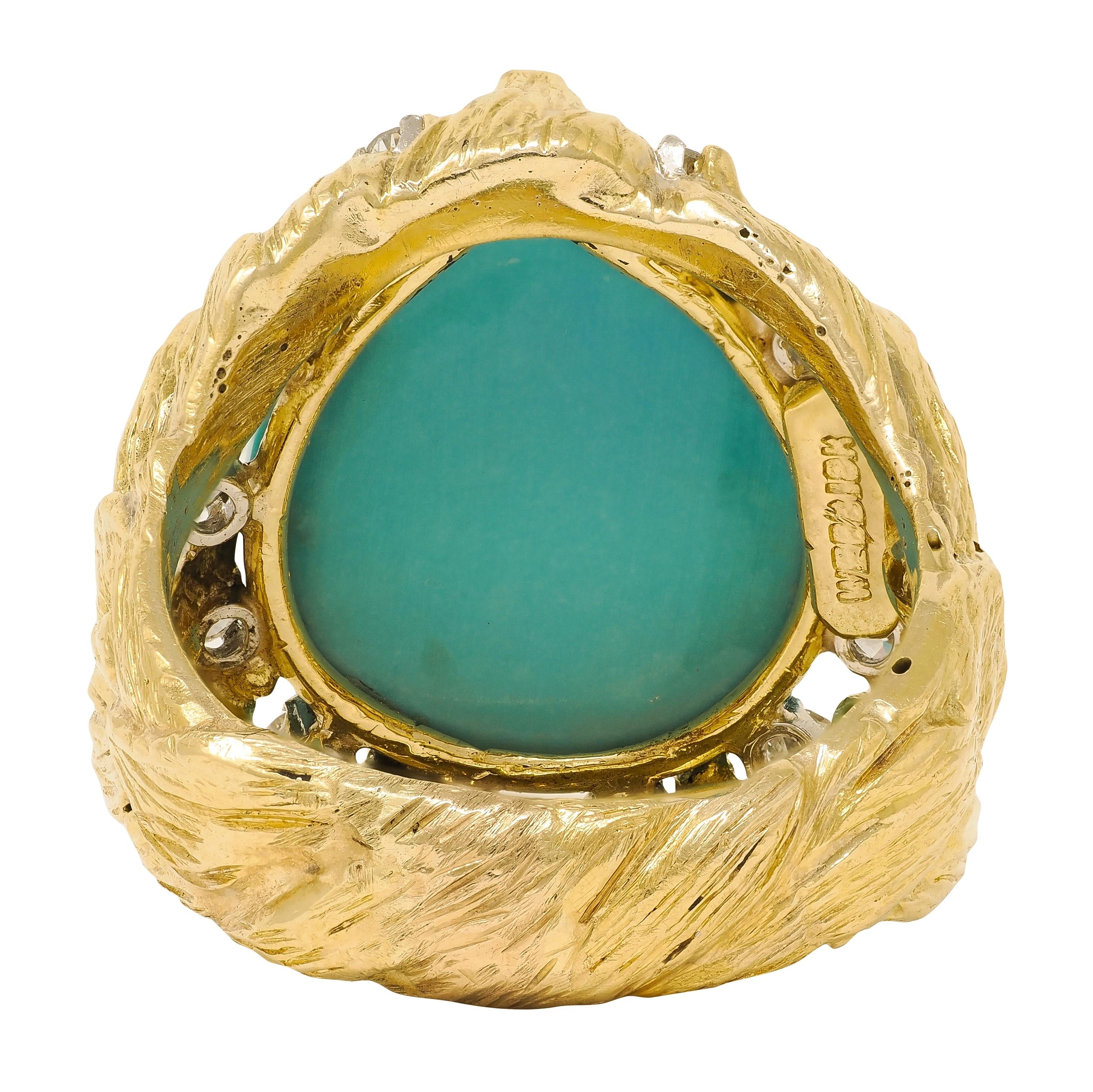 David Webb 1970's Turquoise Diamond 18K Gold Platinum Vintage Foliate Ring