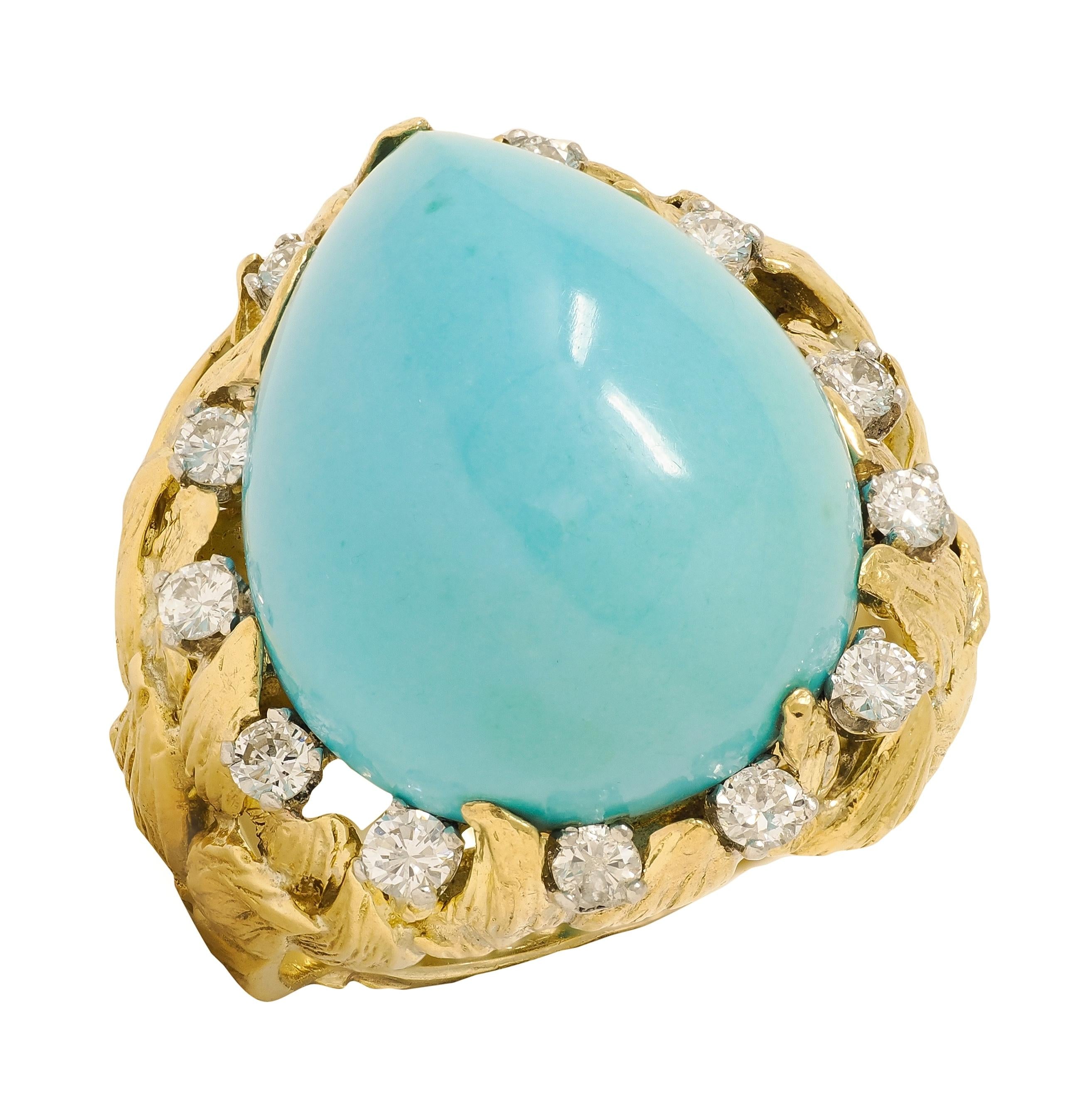 David Webb 1970's Turquoise Diamond 18K Gold Platinum Vintage Foliate Ring