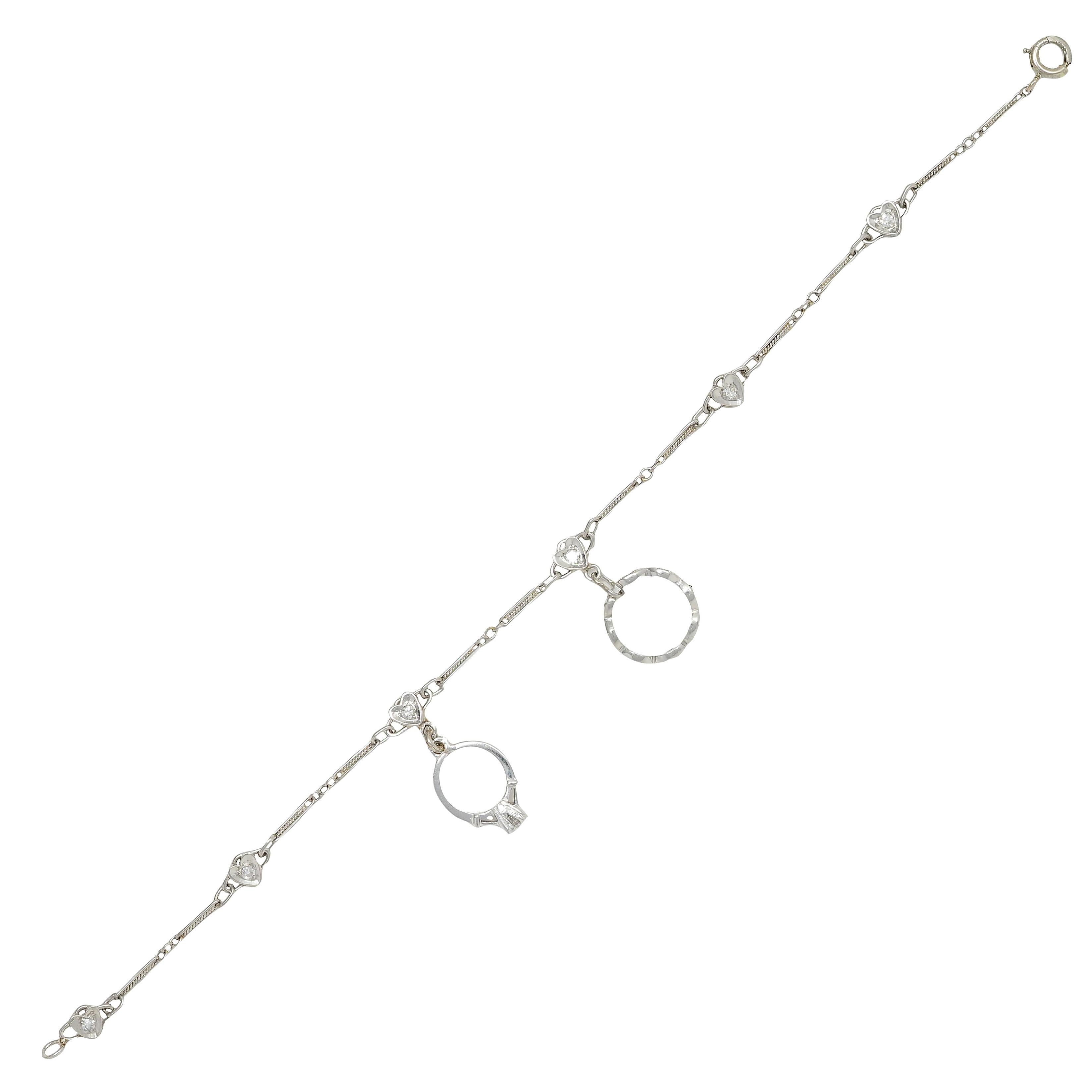 Art Deco Diamond Platinum 14K Gold Heart Wedding Engagement Charm Bracelet