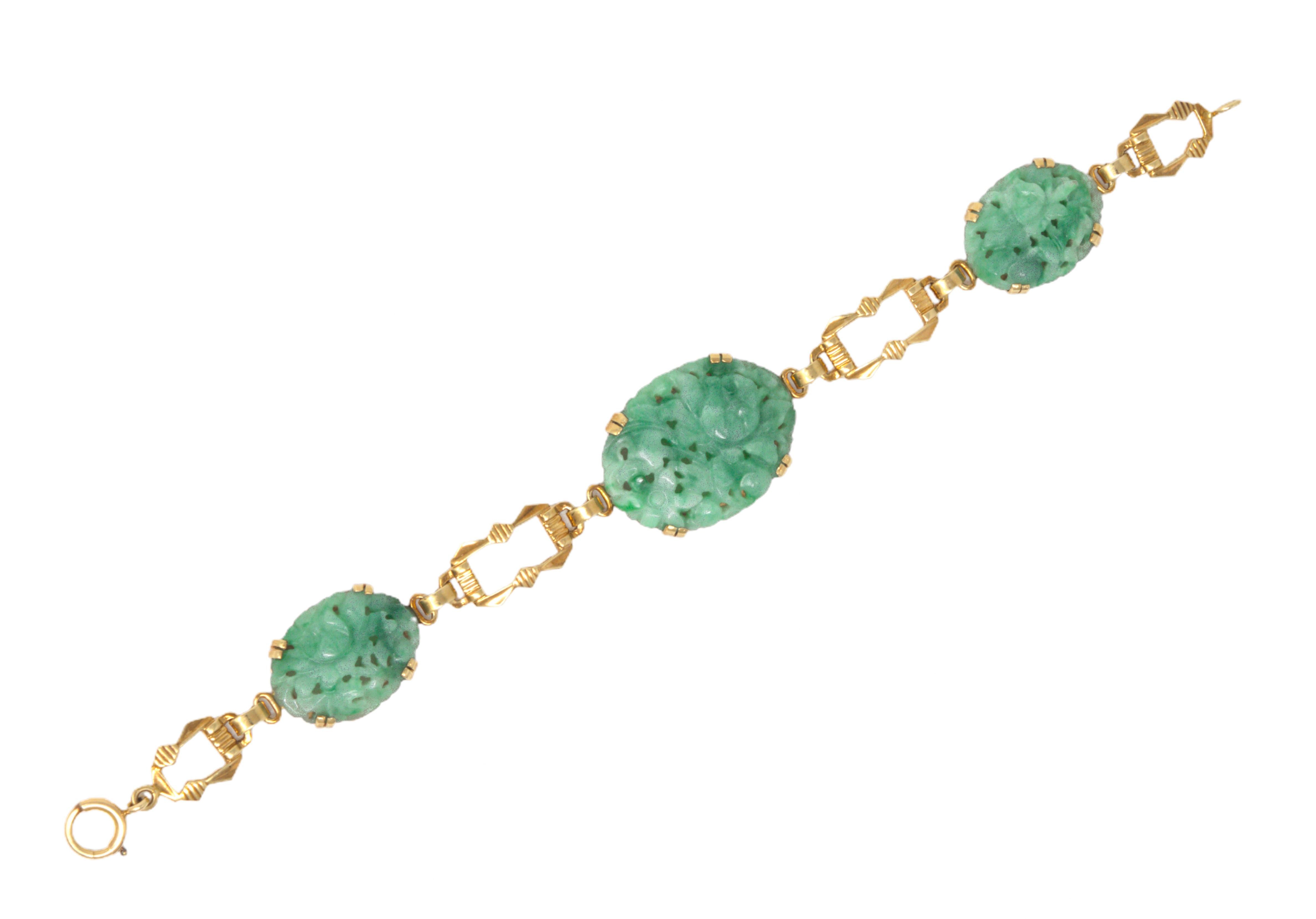 Tiffany & Co. Art Deco Carved Jade 14K Gold Antique Floral Link Bracelet