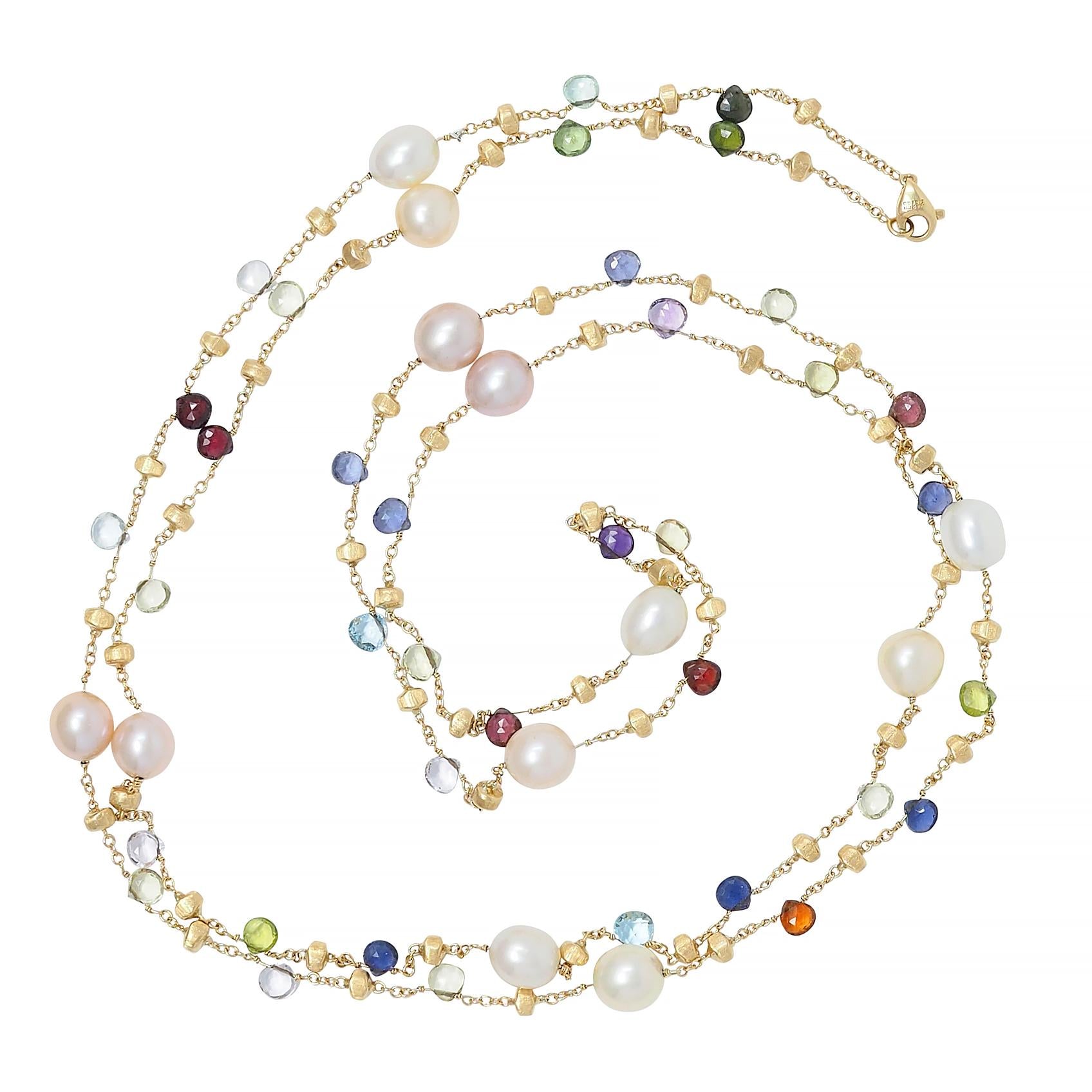 Marco Bicego Cultured Pearl Multi-Gem 18 Karat Yellow Gold Confetti Necklace