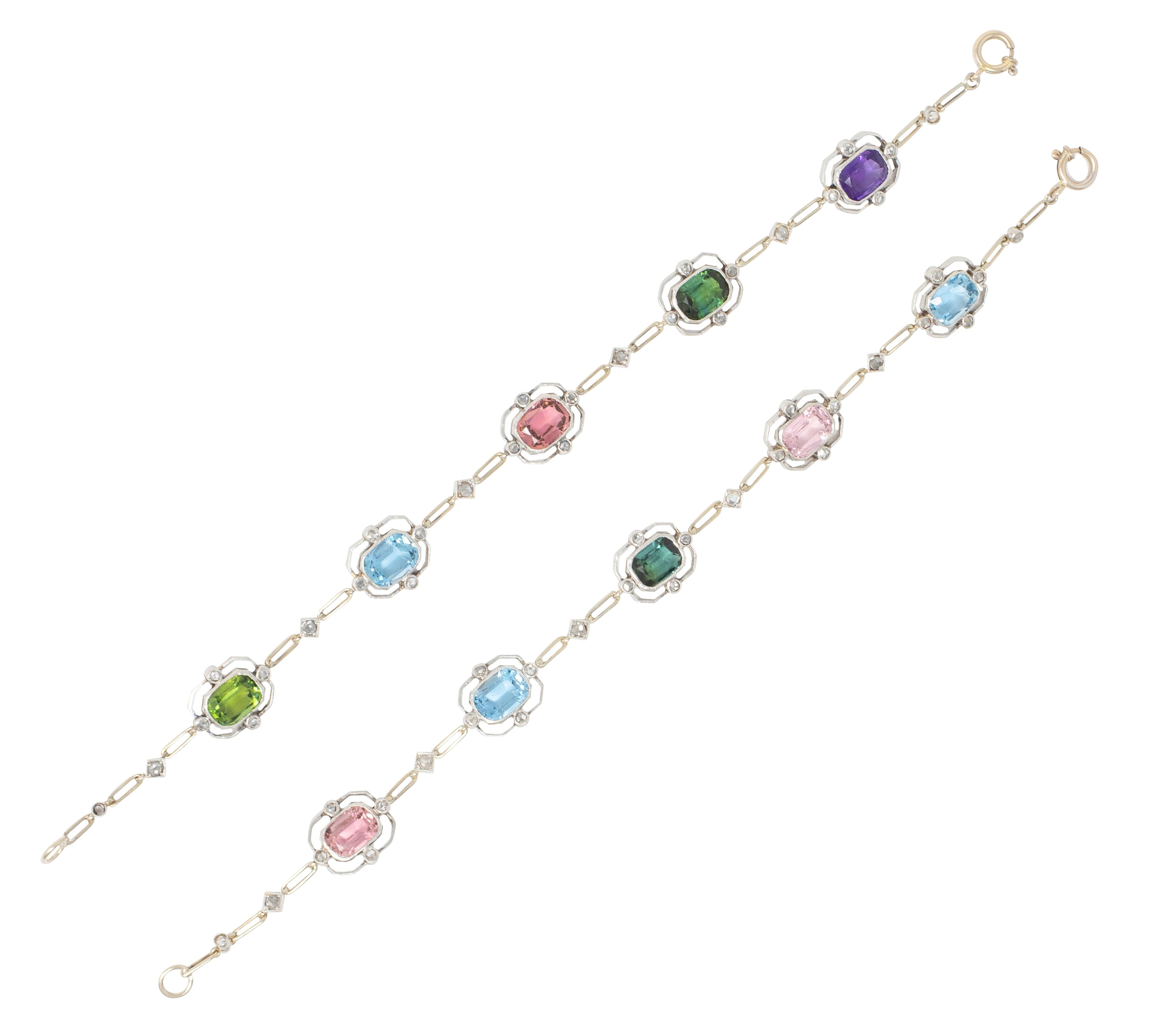 Art Deco Diamond Multi-Gem Platinum 18K Antique Quatrefoil Link Bracelet Set