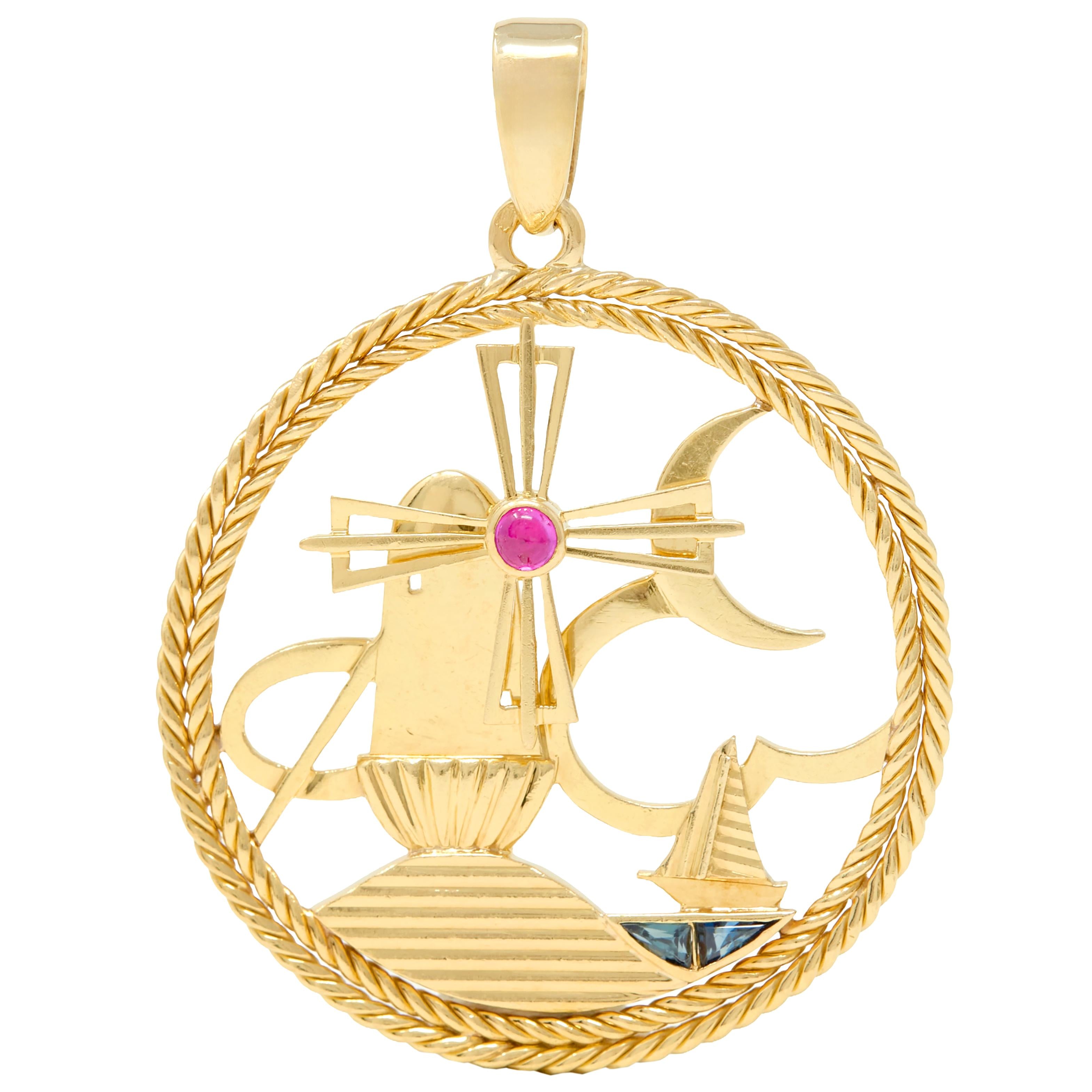 Regner Paris French 1960's Ruby Sapphire 18K Gold Vintage Windmill Boat Charm