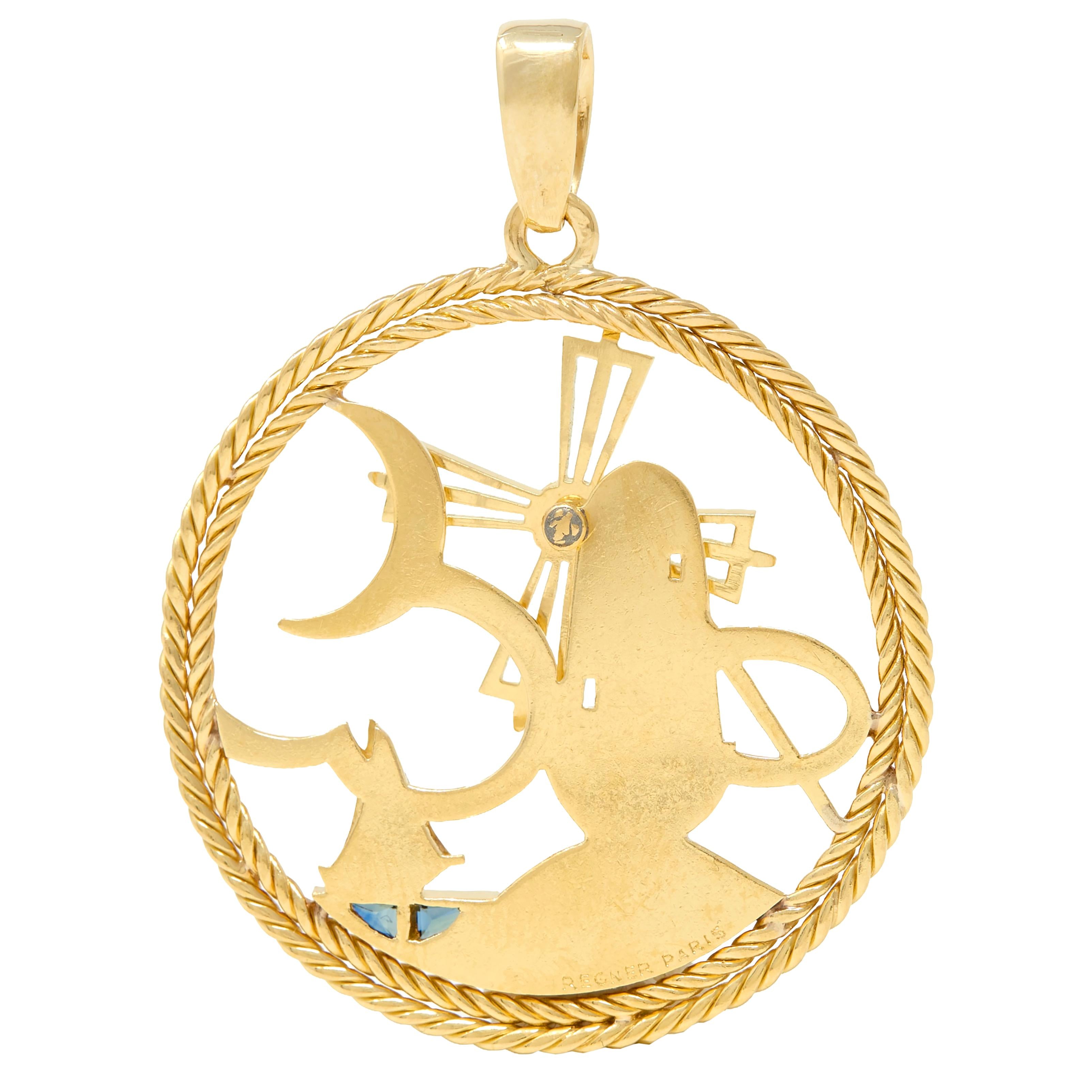 Regner Paris French 1960's Ruby Sapphire 18K Gold Vintage Windmill Boat Charm