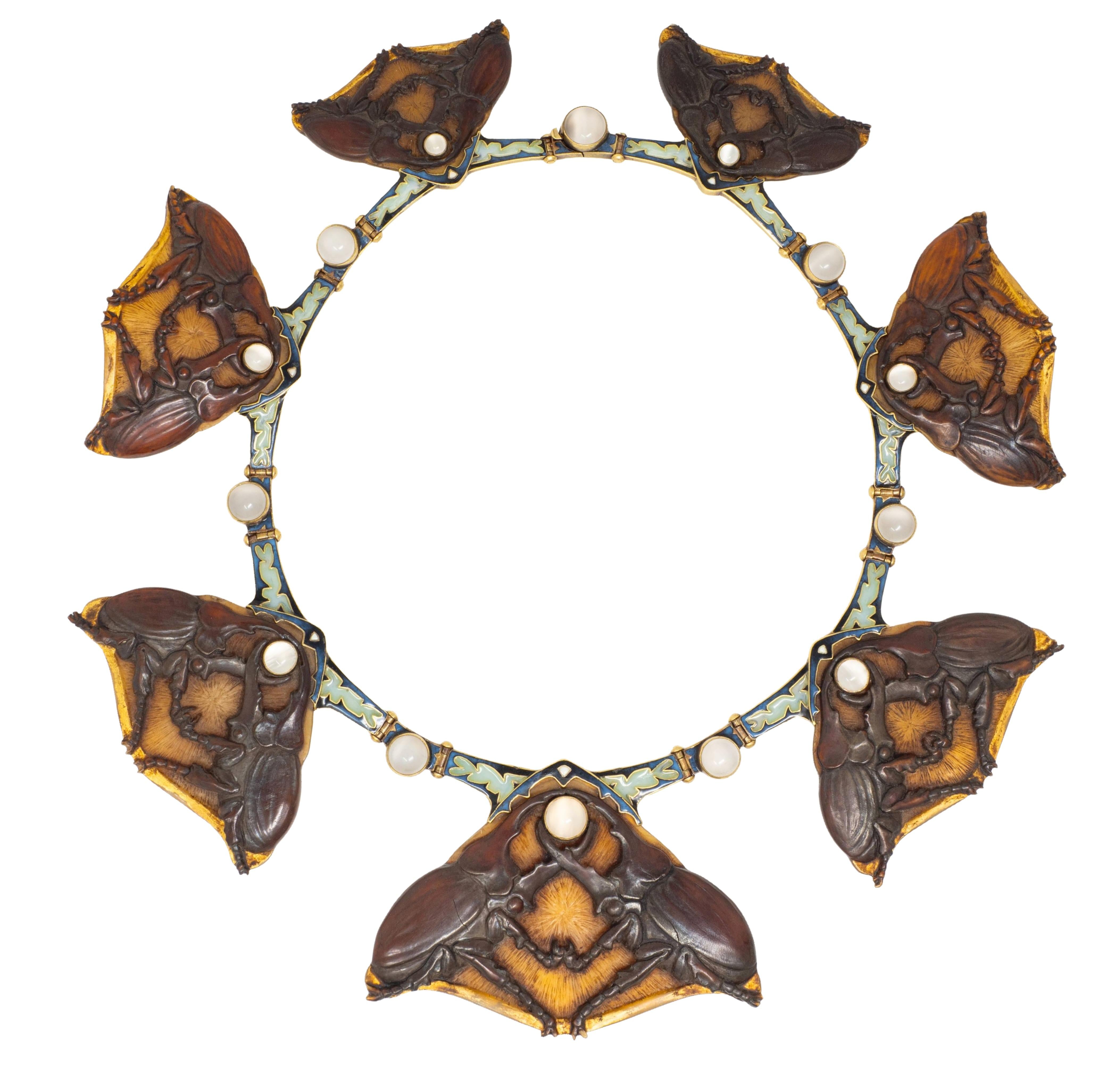 Lalique Moonstone Horn Enamel 18 Karat Yellow Gold Antique Stag Beetle Necklace