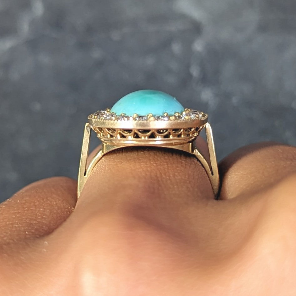 Art Deco Diamond Turquoise Cabochon 14 Karat Gold Vintage Cluster Halo Ring Wilson's Estate Jewelry