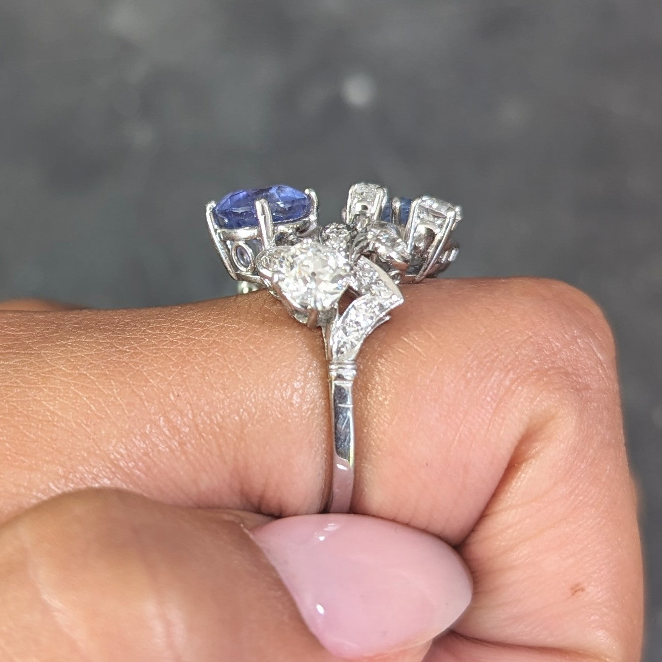 Mid-Century 4.82 CTW Sapphire Diamond Platinum Floral Spray Vintage Bypass Ring Wilson's Estate Jewelry