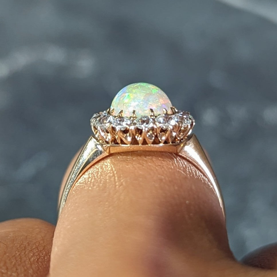 Victorian Old Mine Diamond Opal Cabochon 14 Karat Rose Gold Antique Cluster Ring Wilson's Estate Jewelry