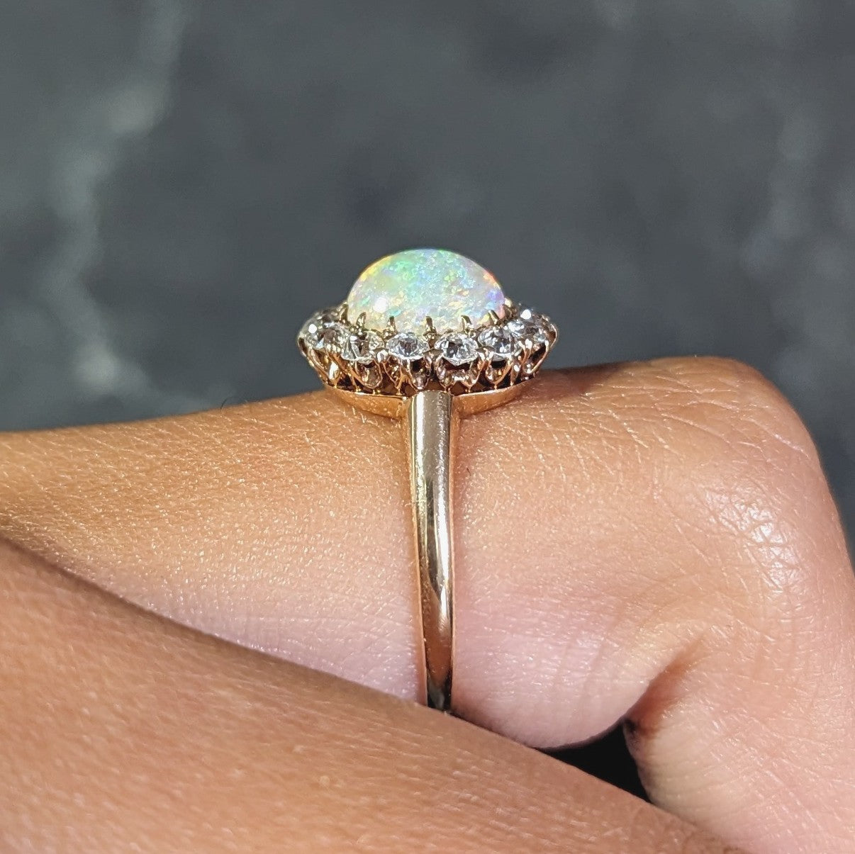 Victorian Old Mine Diamond Opal Cabochon 14 Karat Rose Gold Antique Cluster Ring Wilson's Estate Jewelry