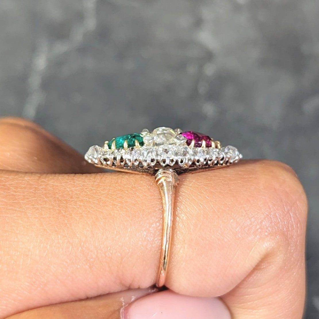 Victorian 3.10 CTW Ruby Emerald Diamond Platinum 18 Karat Rose Gold Navette Ring Wilson's Estate Jewelry