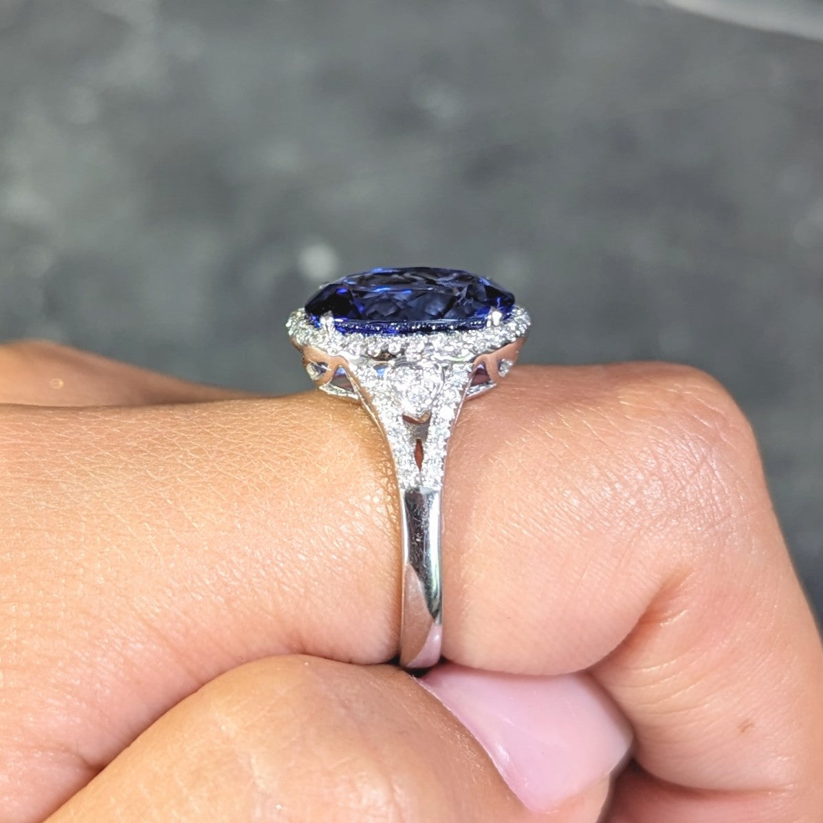 Contemporary 4.71 CTW Tanzanite Diamond 14 Karat White Gold Halo Ring Wilson's Estate Jewelry