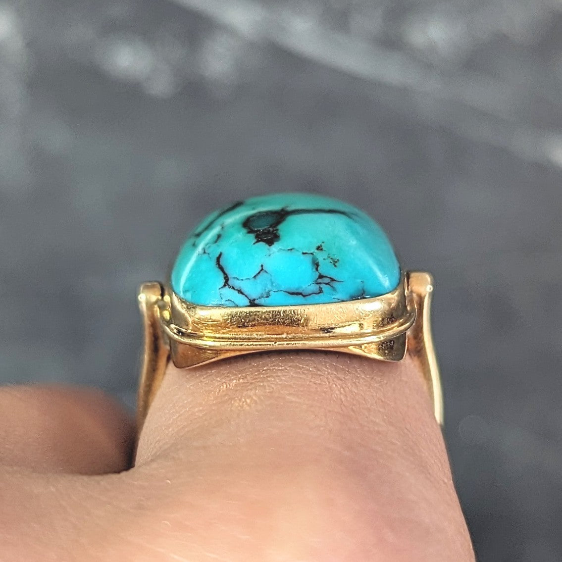 Modernist Turquoise Cabochon 14 Karat Yellow Gold Vintage Signet Ring Wilson's Estate Jewelry