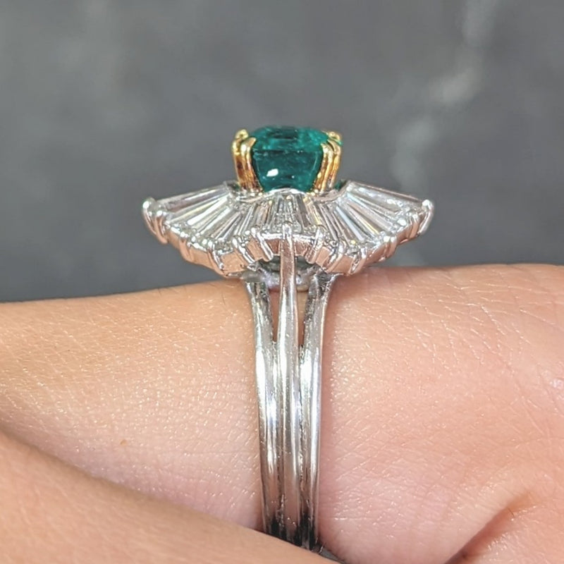 Mid-Century 3.58 CTW Emerald Diamond Platinum 18 Karat Gold Vintage Ballerina Halo Ring GIA Wilson's Estate Jewelry
