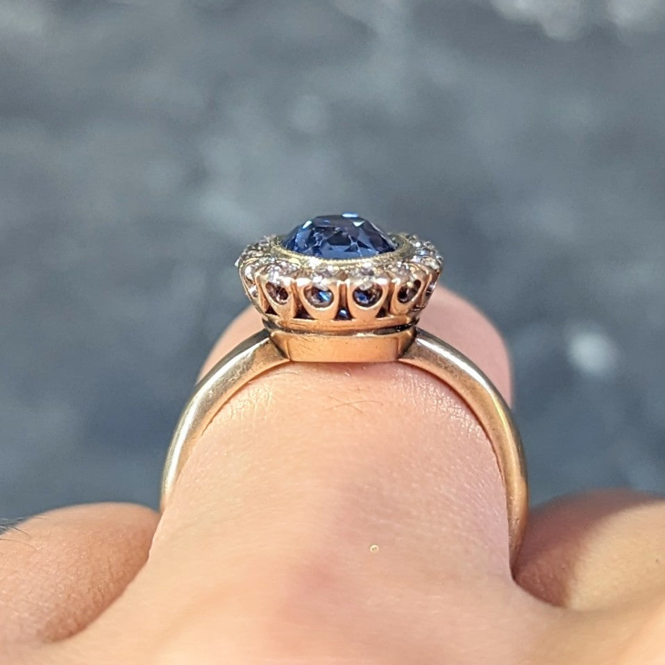 Victorian 2.95 CTW No Heat Ceylon Sapphire Diamond 14 Karat Gold Antique Halo Ring GIA Wilson's Estate Jewelry