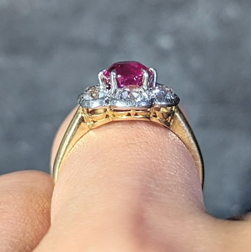 Edwardian 3.39 CTW No Heat Burma Ruby Diamond Platinum 18 Karat Cluster Ring GIA Wilson's Estate Jewelry