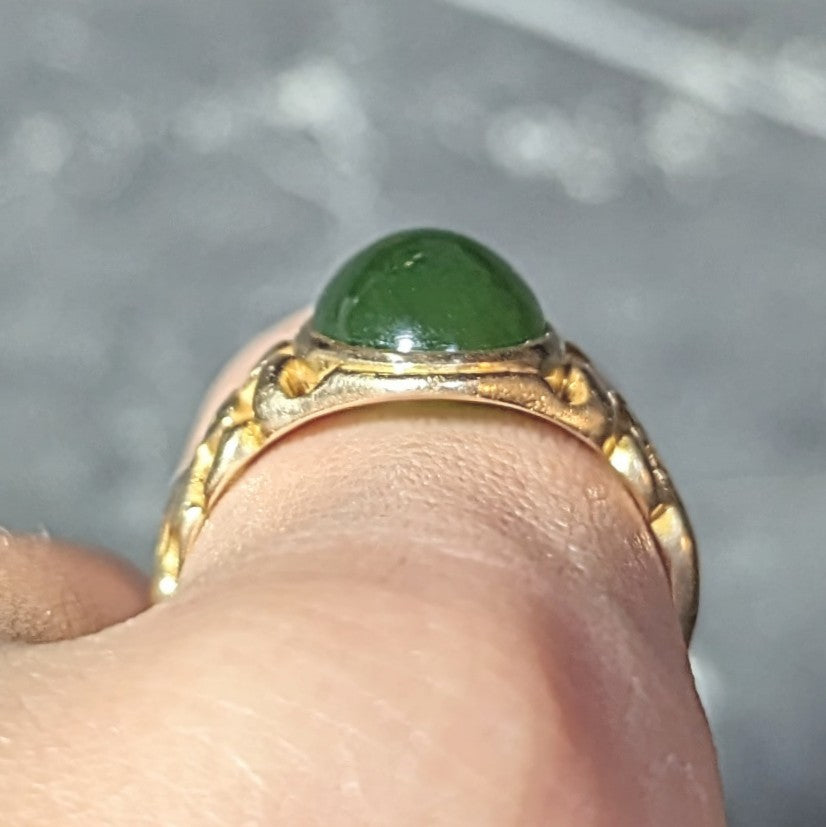 Art Nouveau Nephrite Jade 14 Karat Yellow Gold Antique Unisex Signet Ring Wilson's Estate Jewelry