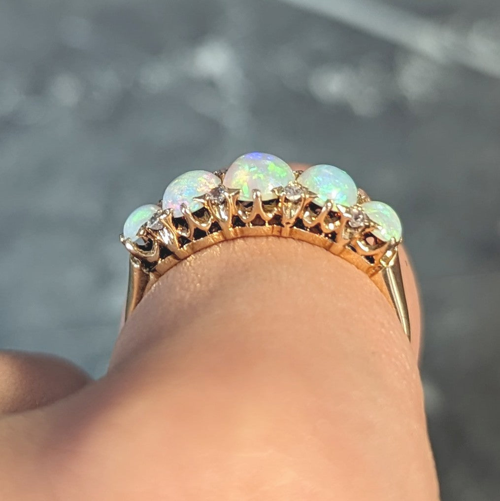 Victorian Opal Diamond 18 Karat Yellow Gold Antique Five Stone Band Ring Wilson's Estate Jewelry